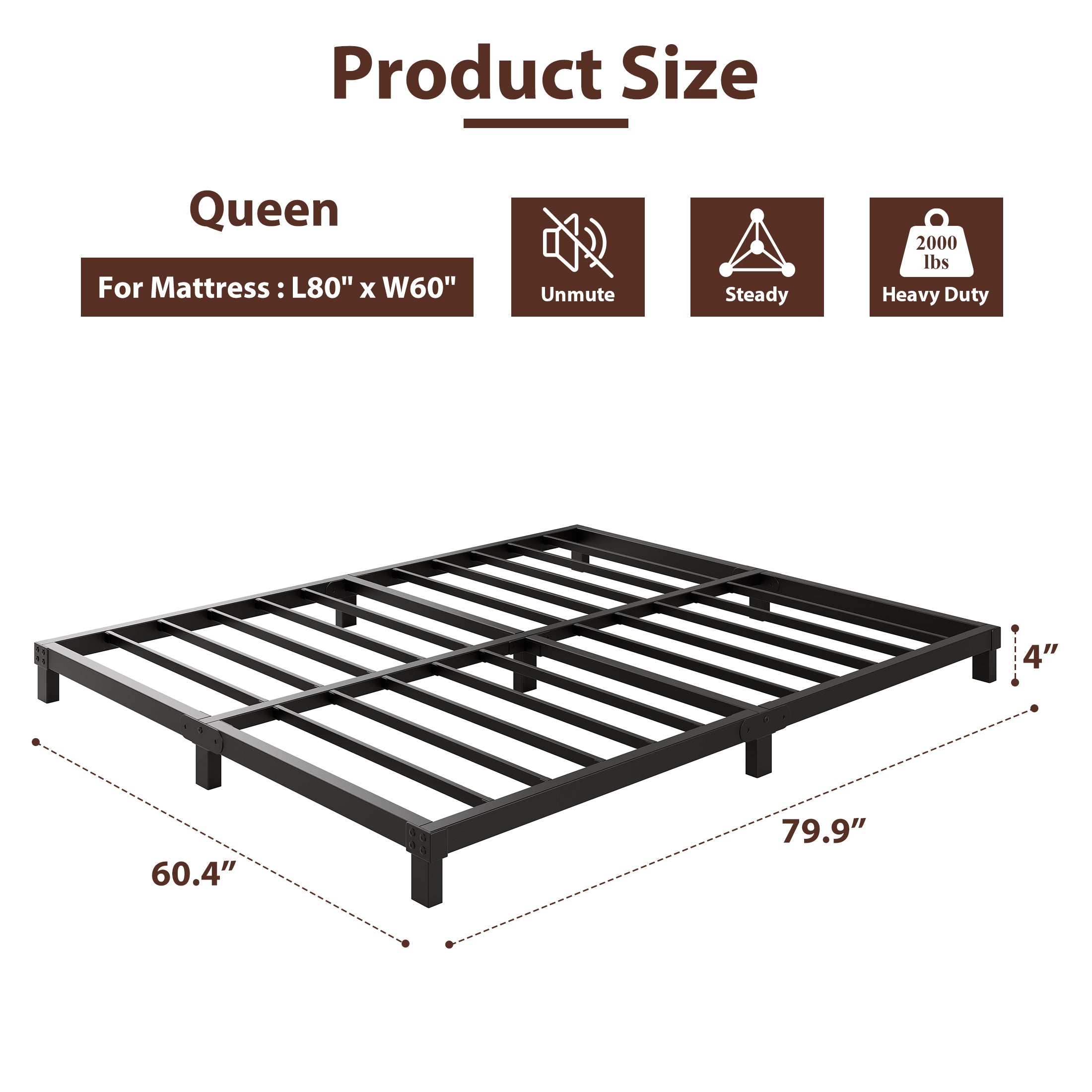 4 Inch Low Profile Metal Bed Frame, Heavy Duty Platform Bed Frame, No Box Spring Needed, Easy Assembly, Noise Free