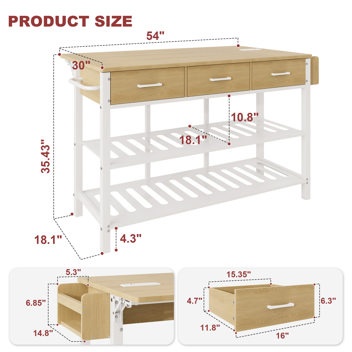 Awesofurni 54" Kitchen Island with Charging Station & Drop Leaf Tabletop, Modern White Island Table with 3 Drawers, Fixed Side Spice Rack & Towel Bar for Small Space & Coffee Bar