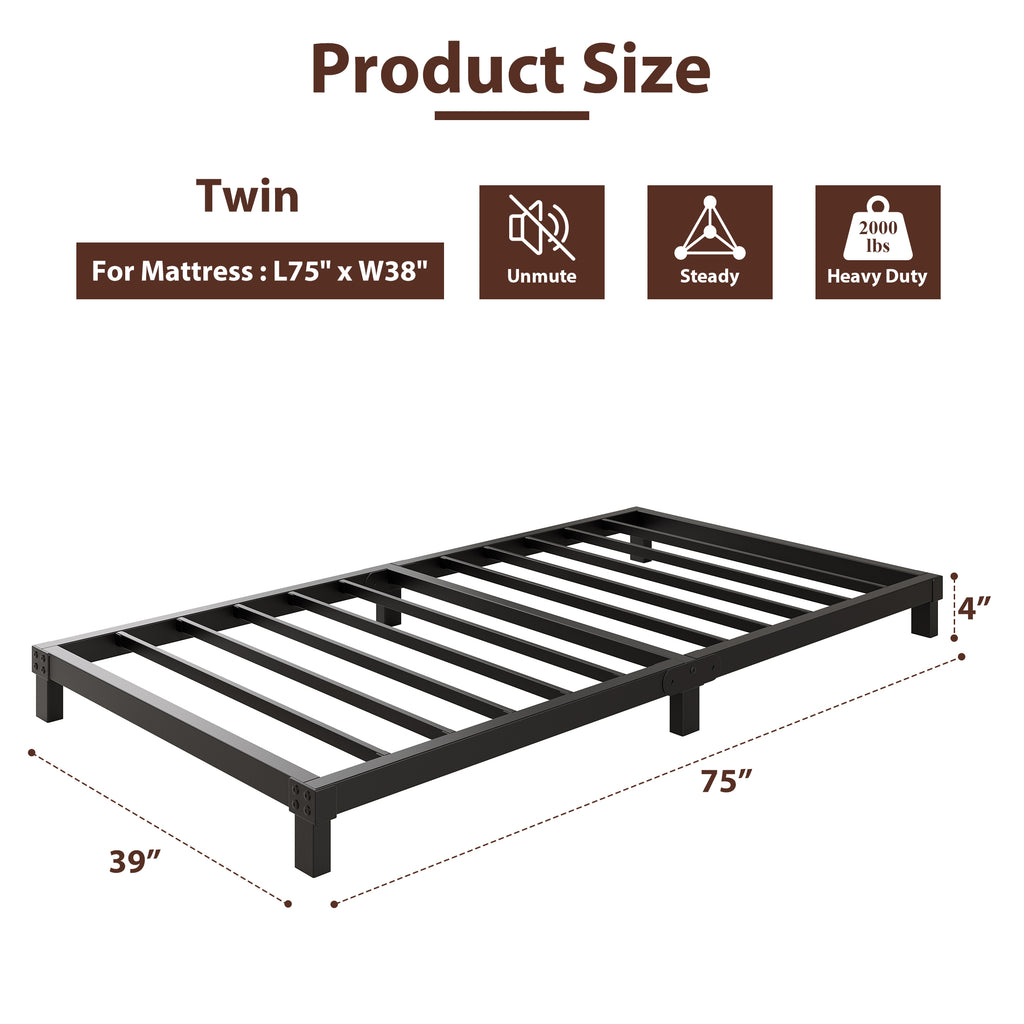 4 Inch Low Profile Metal Bed Frame, Heavy Duty Platform Bed Frame, No Box Spring Needed, Easy Assembly, Noise Free