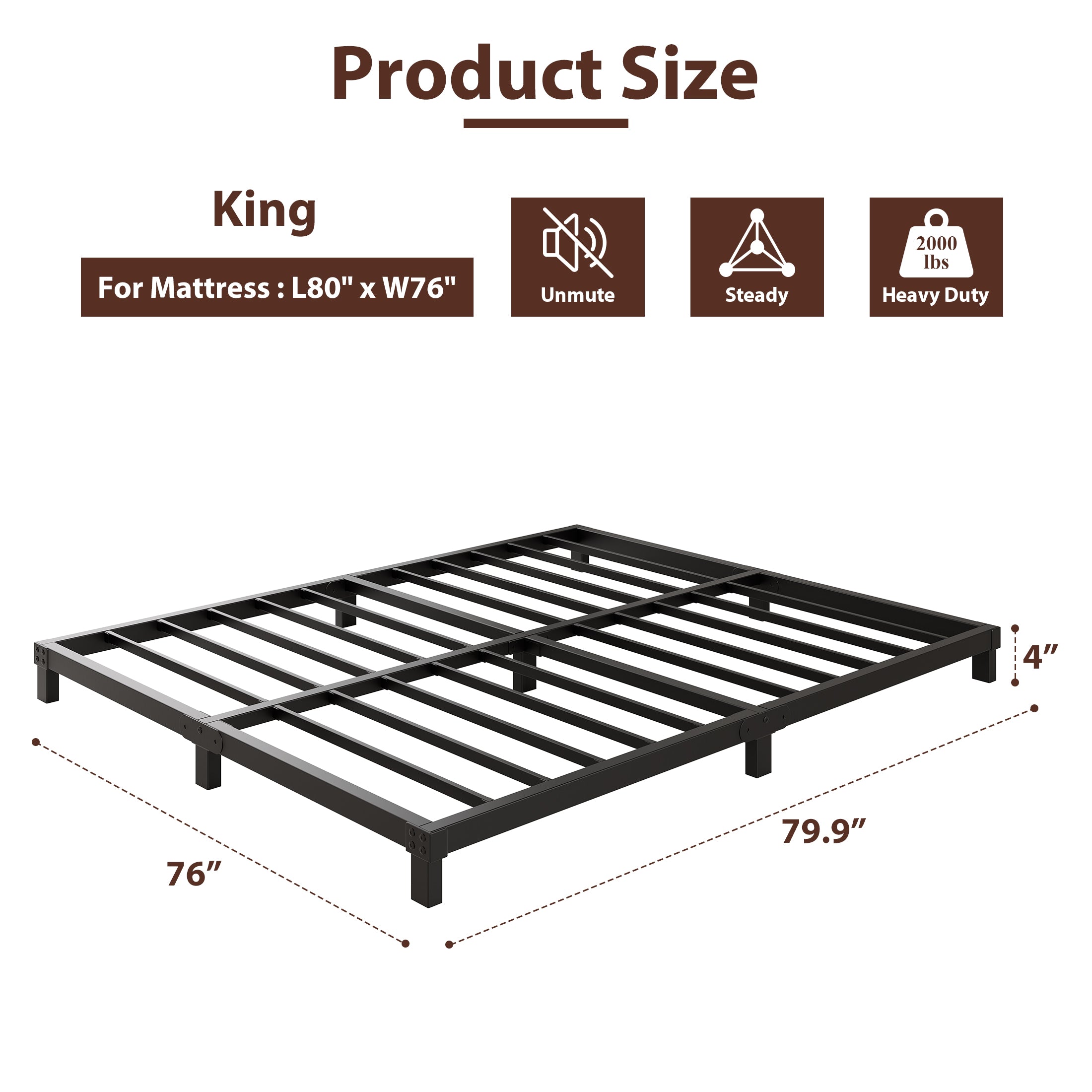 4 Inch Low Profile Metal Bed Frame, Heavy Duty Platform Bed Frame, No Box Spring Needed, Easy Assembly, Noise Free