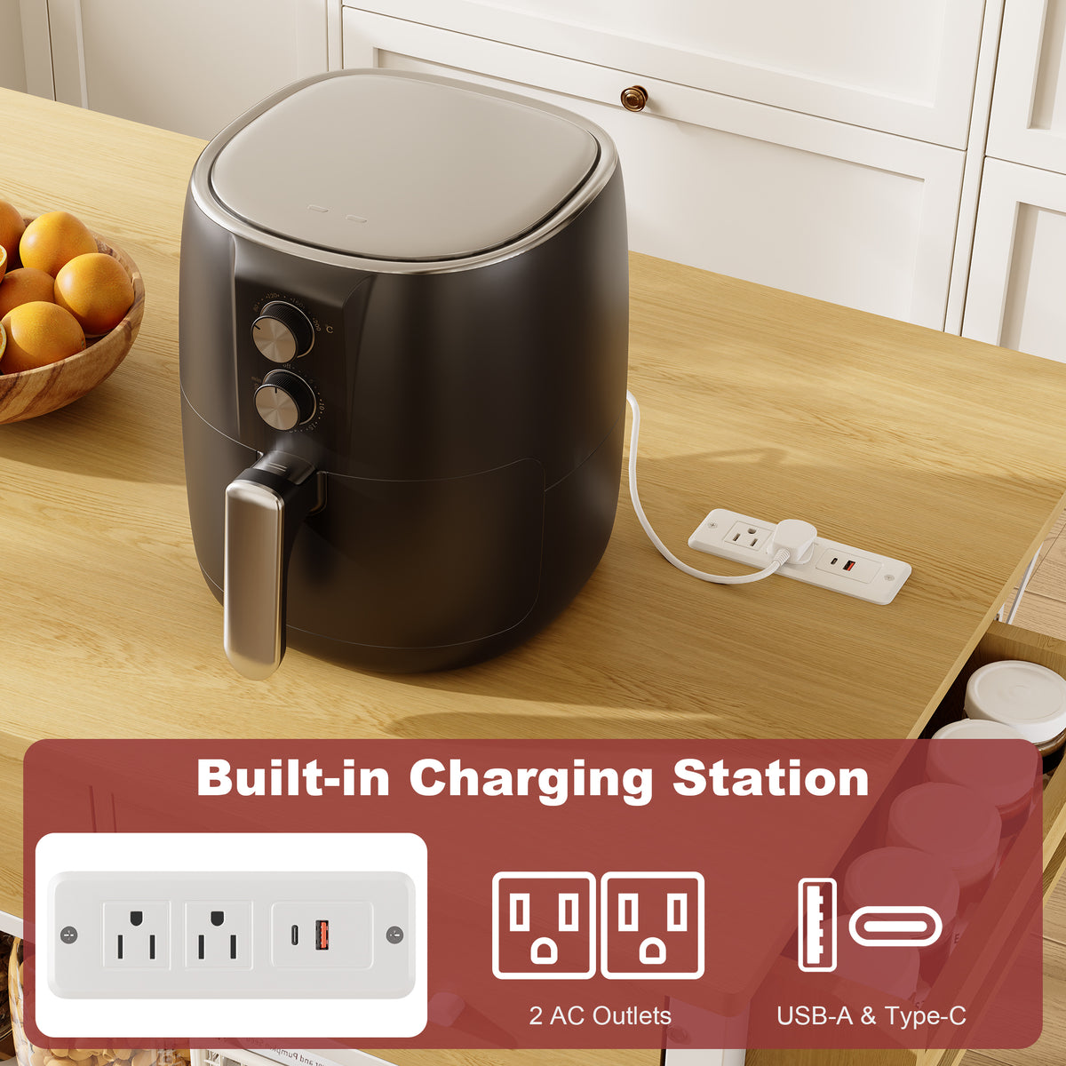 Awesofurni 54" Kitchen Island with Charging Station & Drop Leaf Tabletop, Modern White Island Table with 3 Drawers, Fixed Side Spice Rack & Towel Bar for Small Space & Coffee Bar