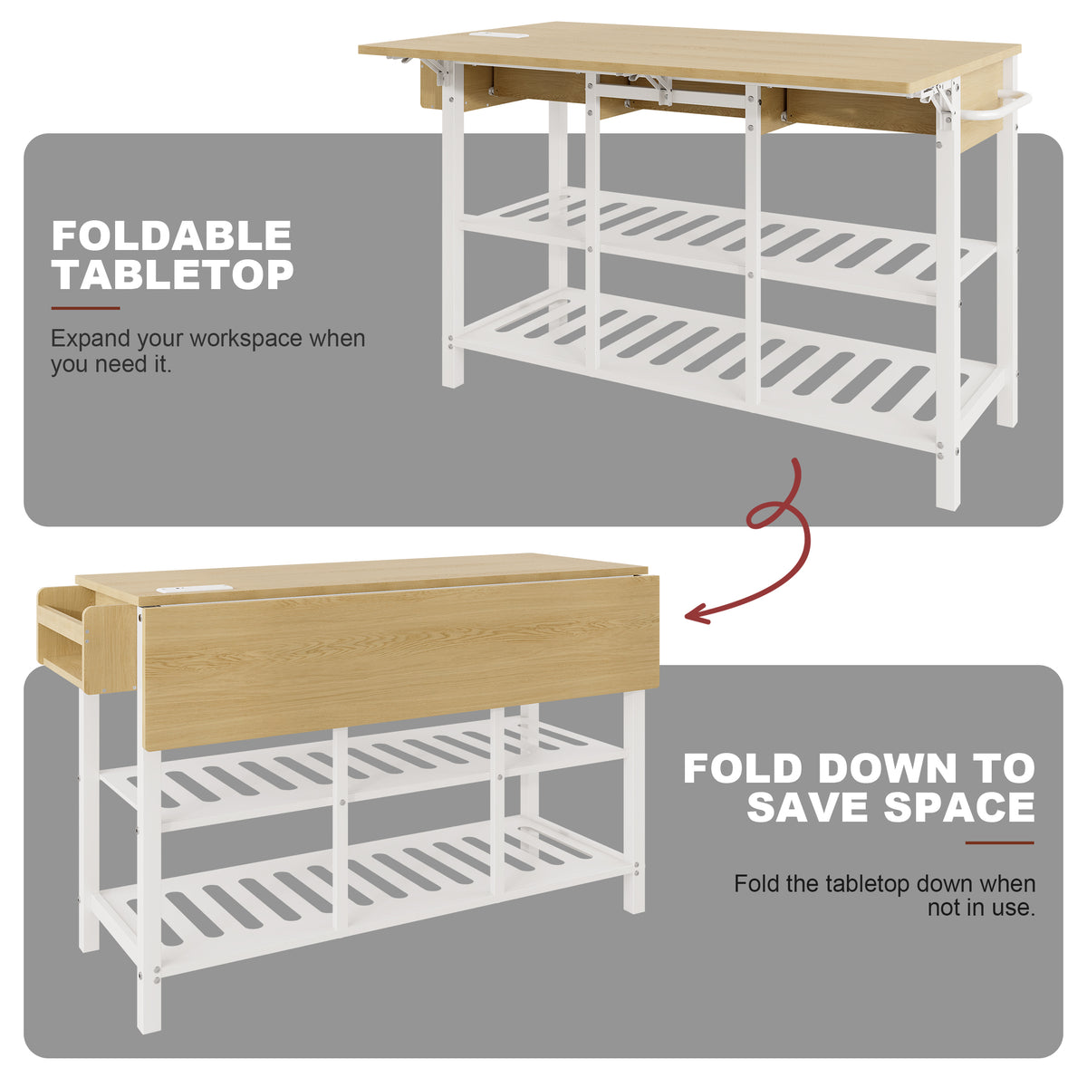 Awesofurni 54" Kitchen Island with Charging Station & Drop Leaf Tabletop, Modern White Island Table with 3 Drawers, Fixed Side Spice Rack & Towel Bar for Small Space & Coffee Bar