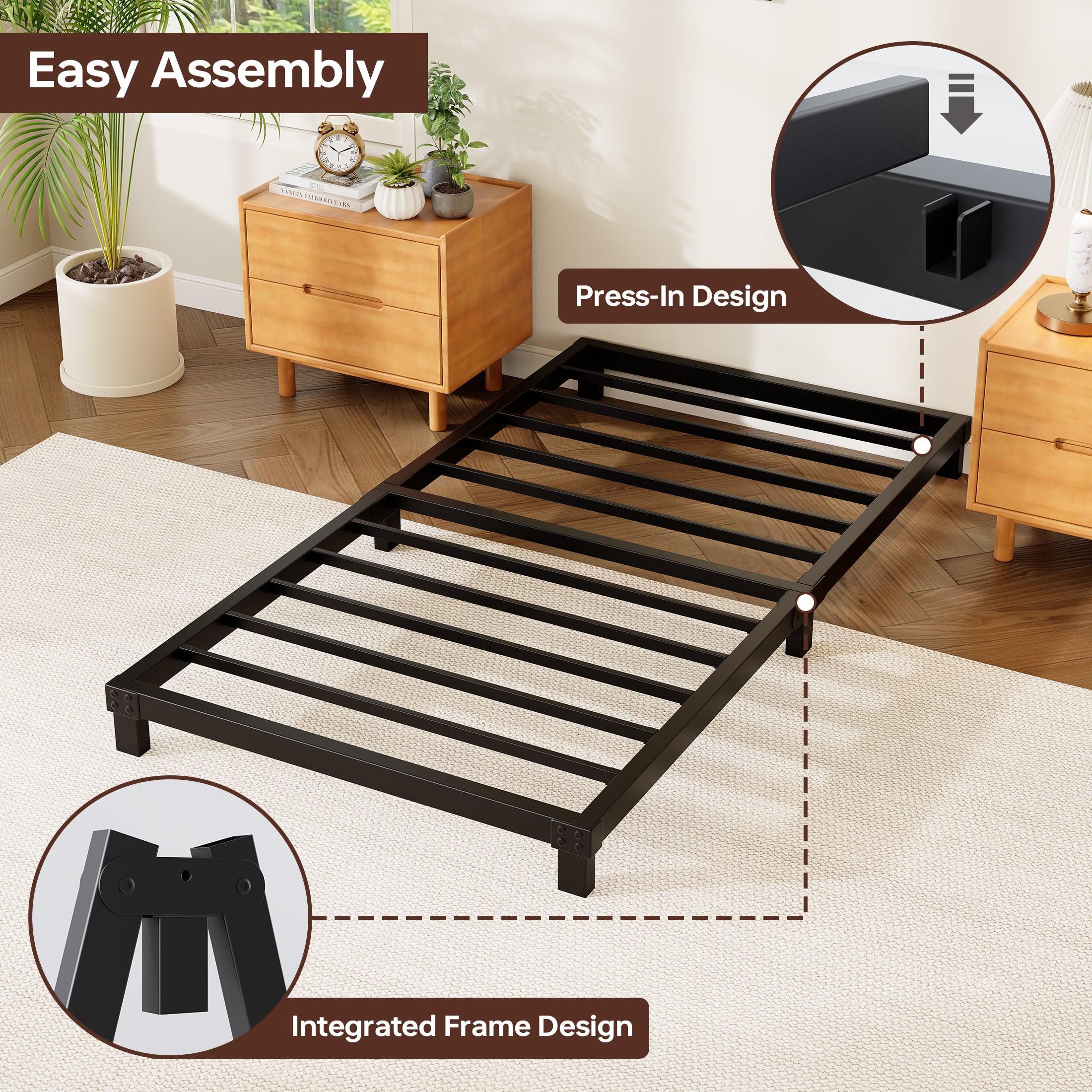 4 Inch Low Profile Metal Bed Frame, Heavy Duty Platform Bed Frame, No Box Spring Needed, Easy Assembly, Noise Free