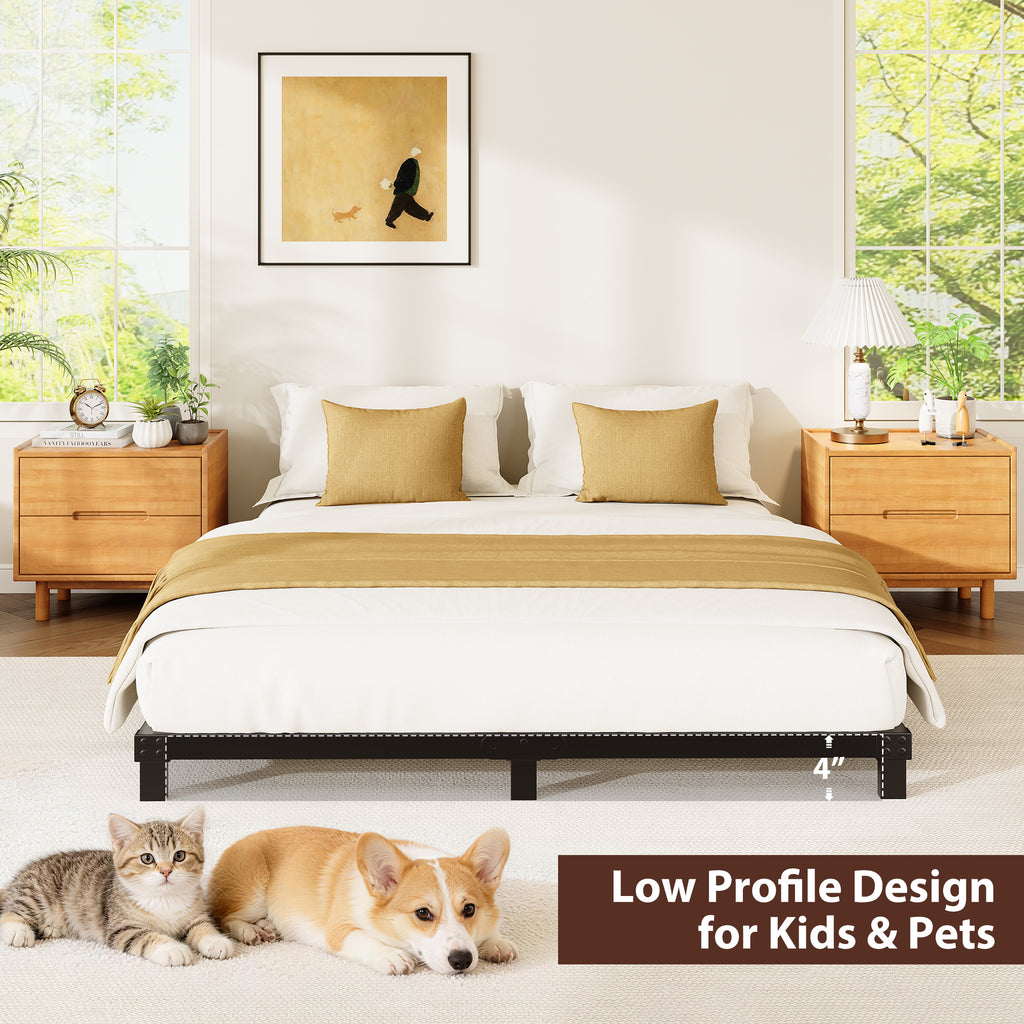4 Inch Low Profile Metal Bed Frame, Heavy Duty Platform Bed Frame, No Box Spring Needed, Easy Assembly, Noise Free