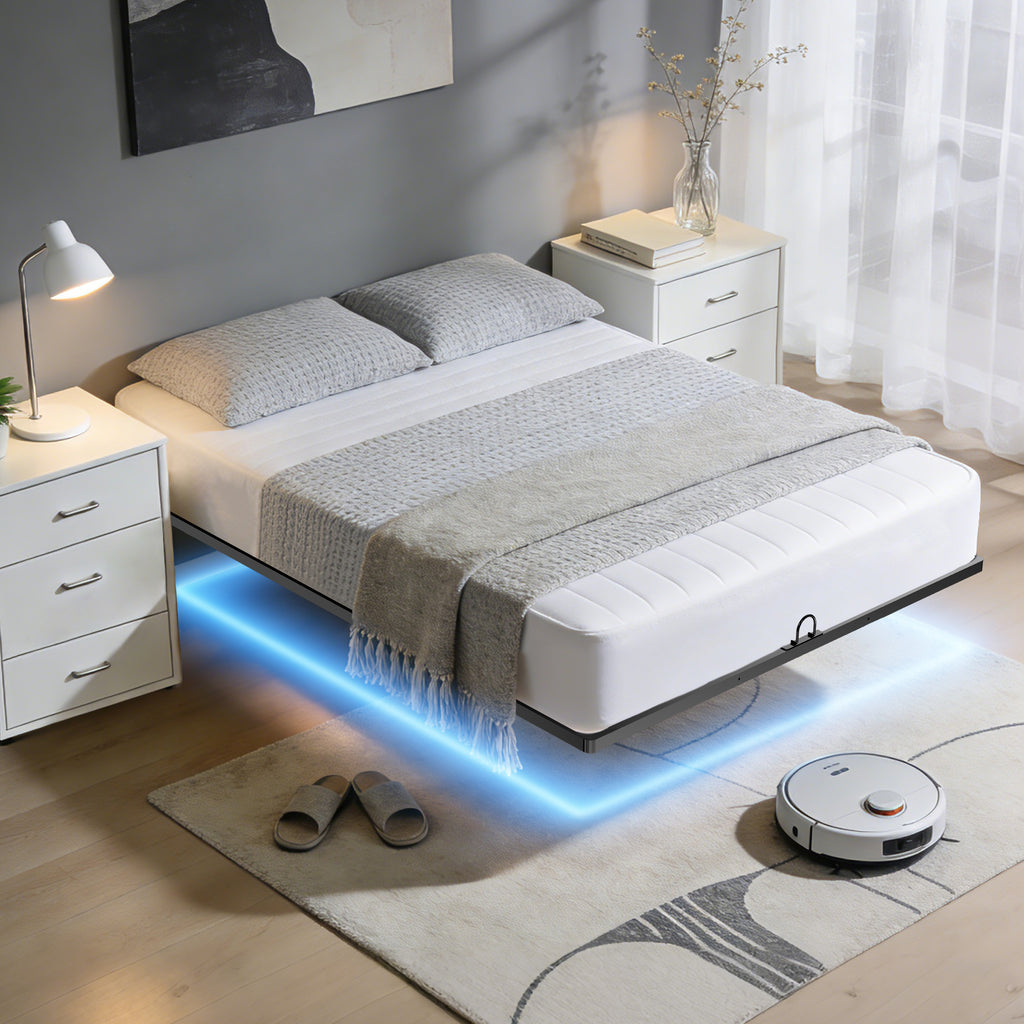 Floating Bed Frame Queen, with Smart LED Lights, Modern Heavy Duty Metal Platform Bed, Easy Assembly, No Box Spring Needed