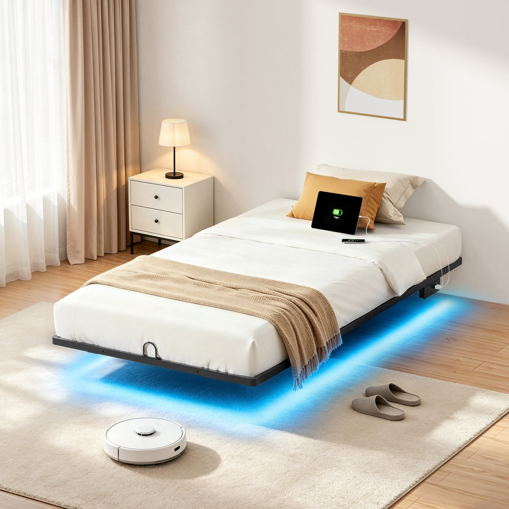 Floating Bed Frame Queen with Smart LED Lights and Charging Station, Modern Heavy Duty Metal Platform Bed, Easy Assembly, No Box Spring Needed