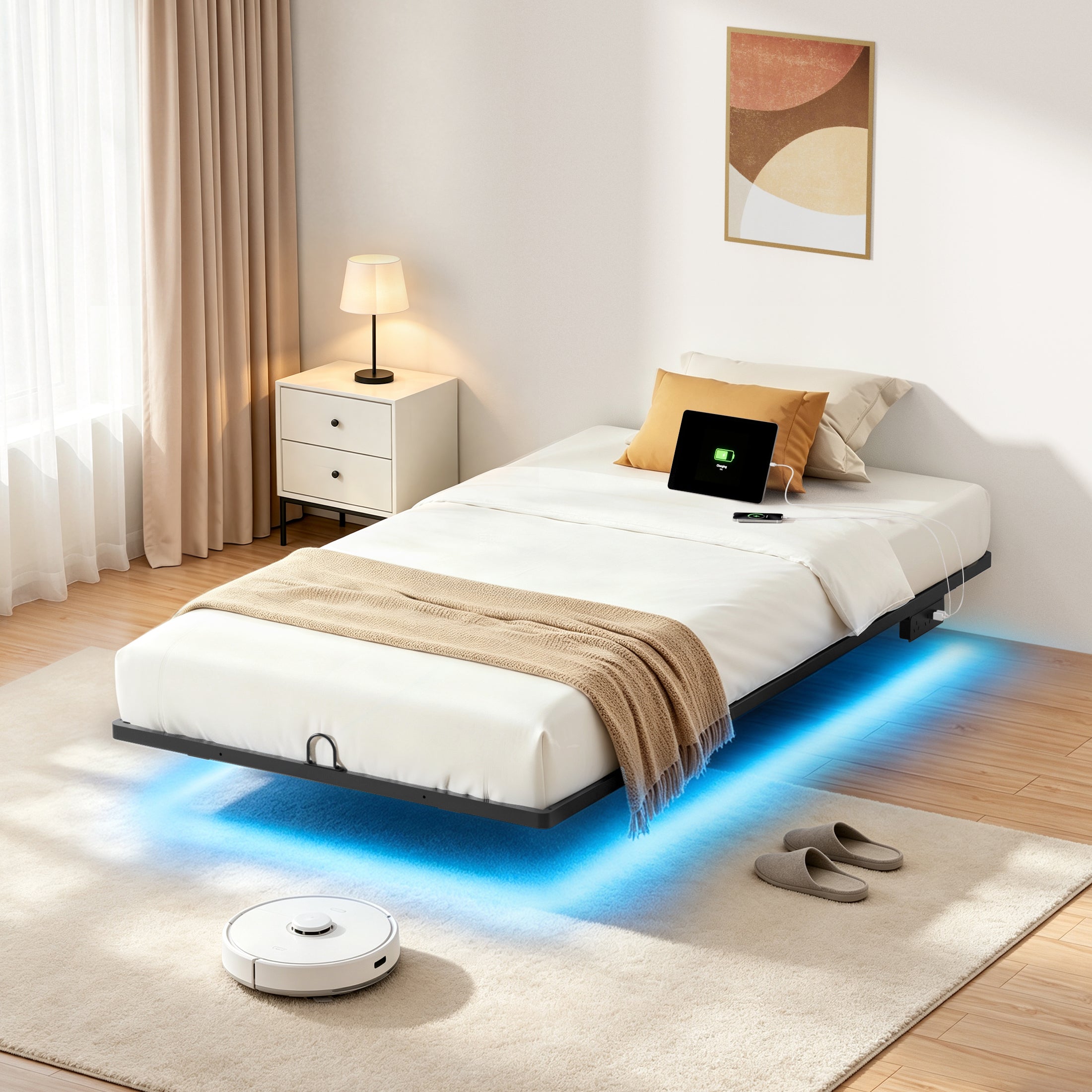 Floating Bed Frame Queen with Smart LED Lights and Charging Station, Modern Heavy Duty Metal Platform Bed, Easy Assembly, No Box Spring Needed