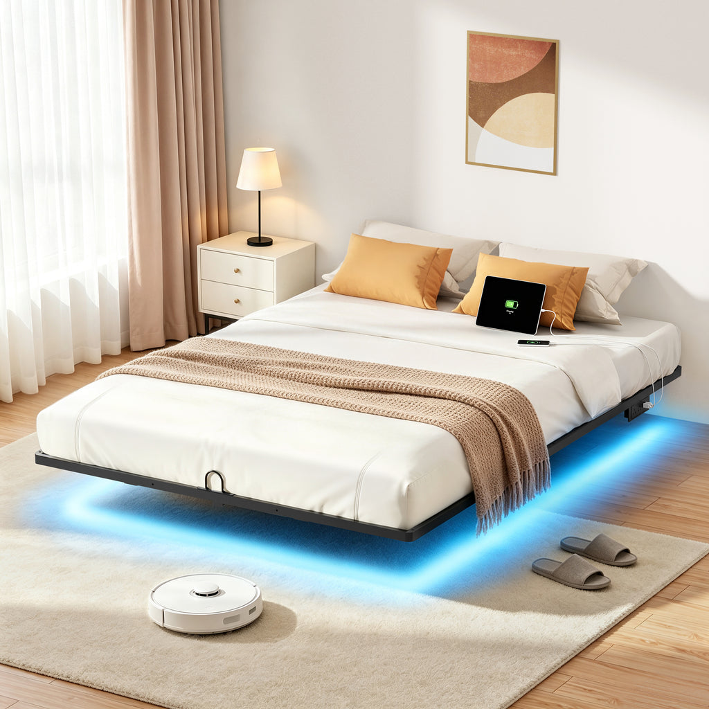 Floating Bed Frame Queen with Smart LED Lights and Charging Station, Modern Heavy Duty Metal Platform Bed, Easy Assembly, No Box Spring Needed