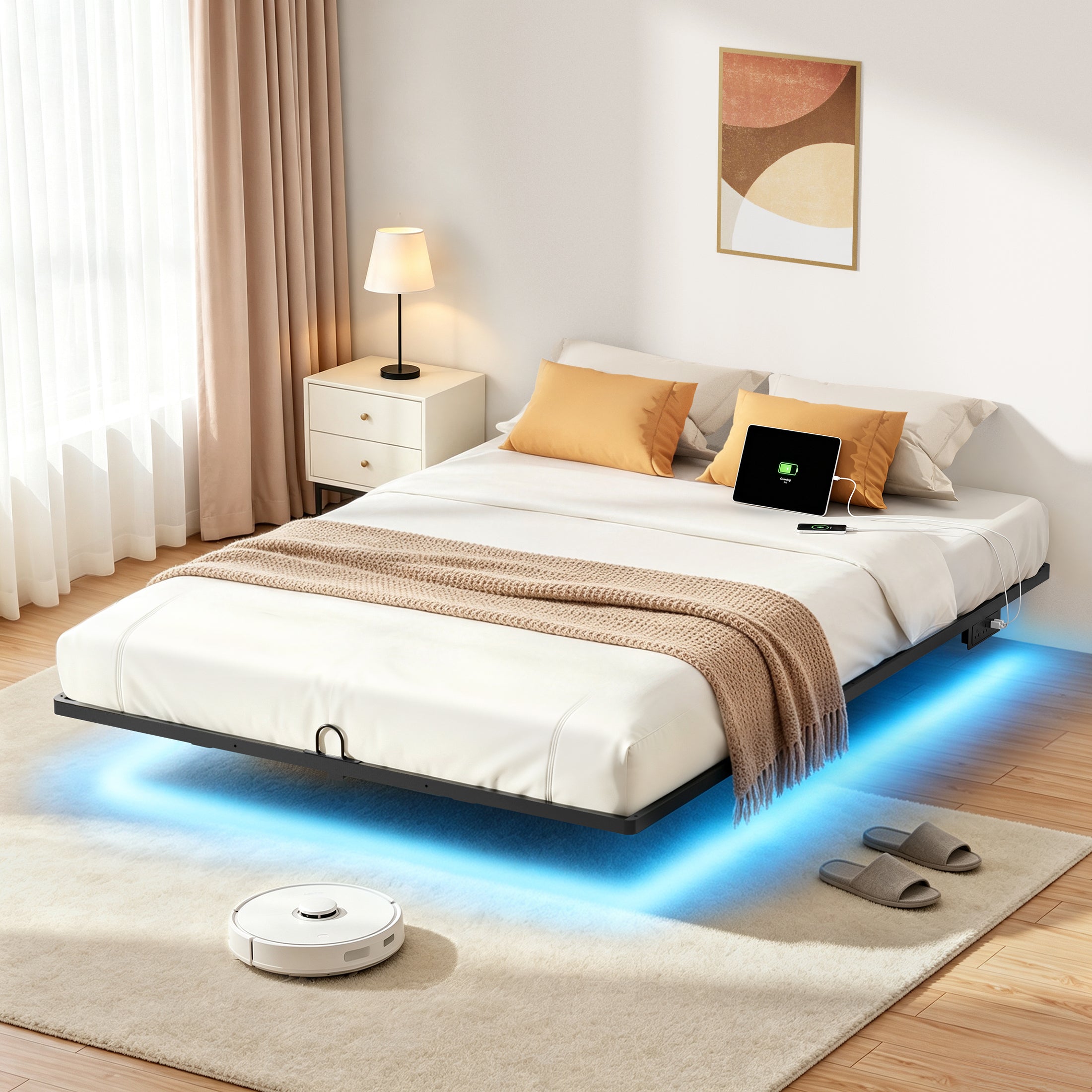 Floating Bed Frame Queen with Smart LED Lights and Charging Station, Modern Heavy Duty Metal Platform Bed, Easy Assembly, No Box Spring Needed