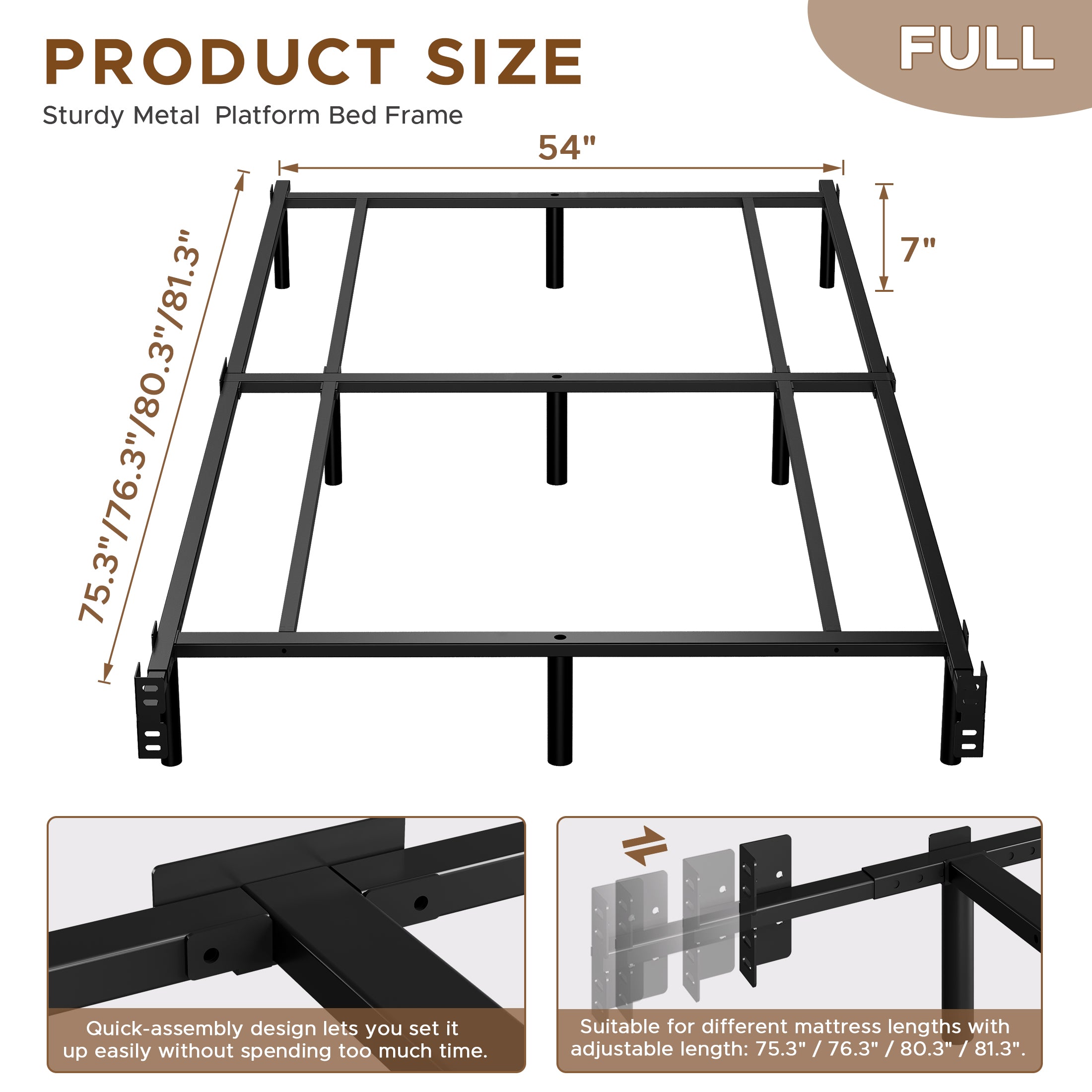 Awesofurni 7 inch Queen Bed Frame, Adjustable Length Metal Platform Bed, Easy Assembly, Noise-Free