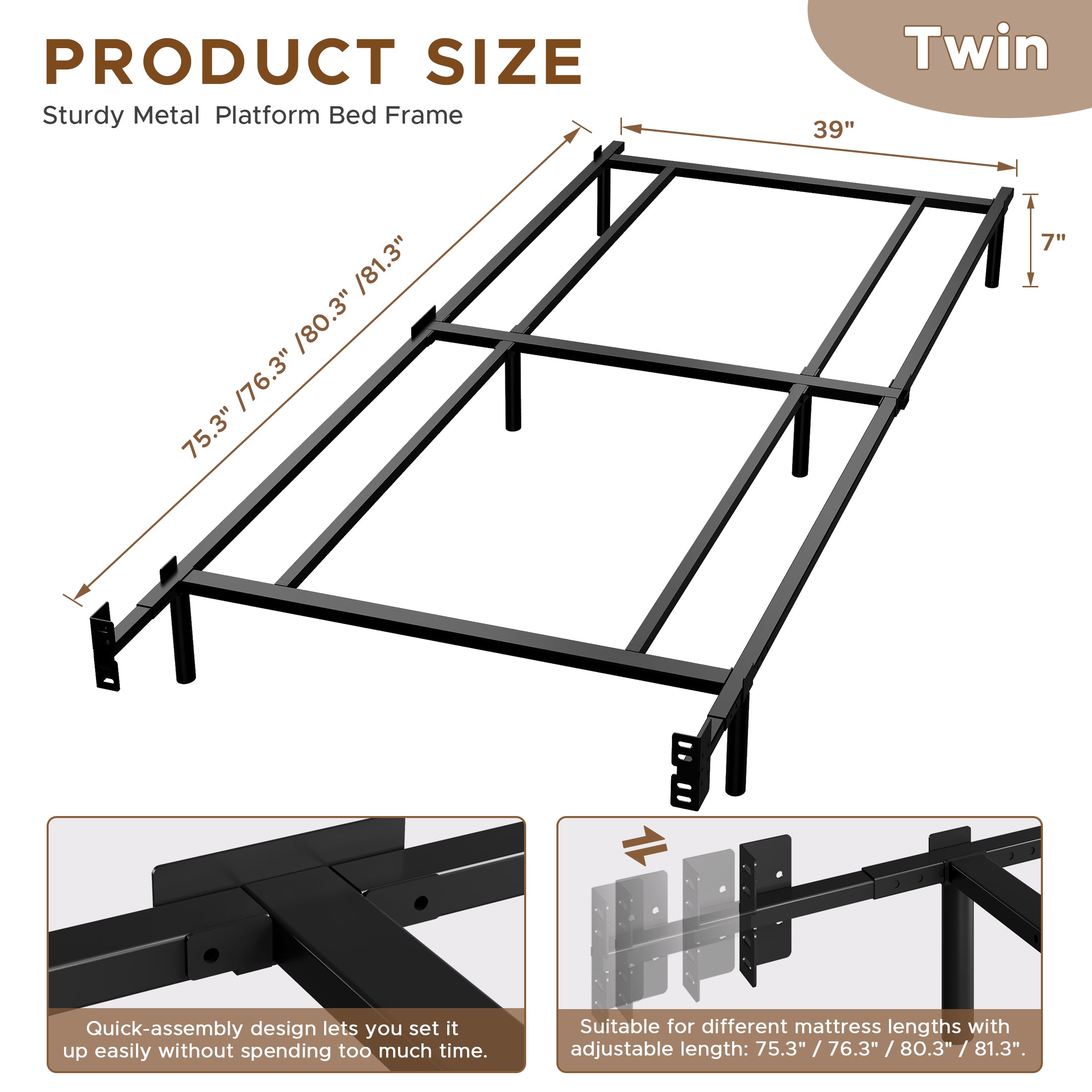 Awesofurni 7 inch Queen Bed Frame, Adjustable Length Metal Platform Bed, Easy Assembly, Noise-Free