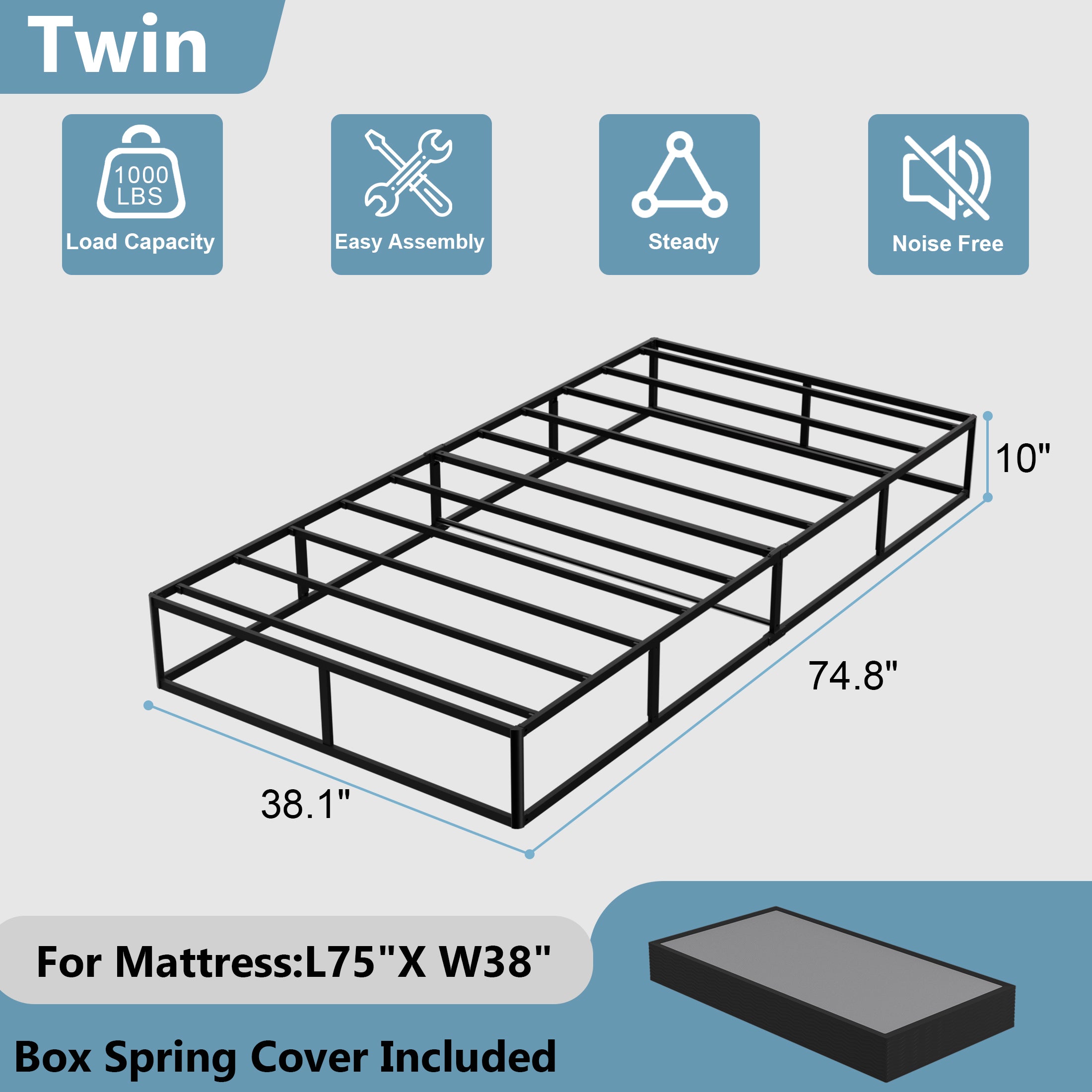 Awesofurni 10 inch Queen Box Spring, Heavy Duty Metal Mattress Foundation with Fabric Cover, Noise-Free, Easy Assembly