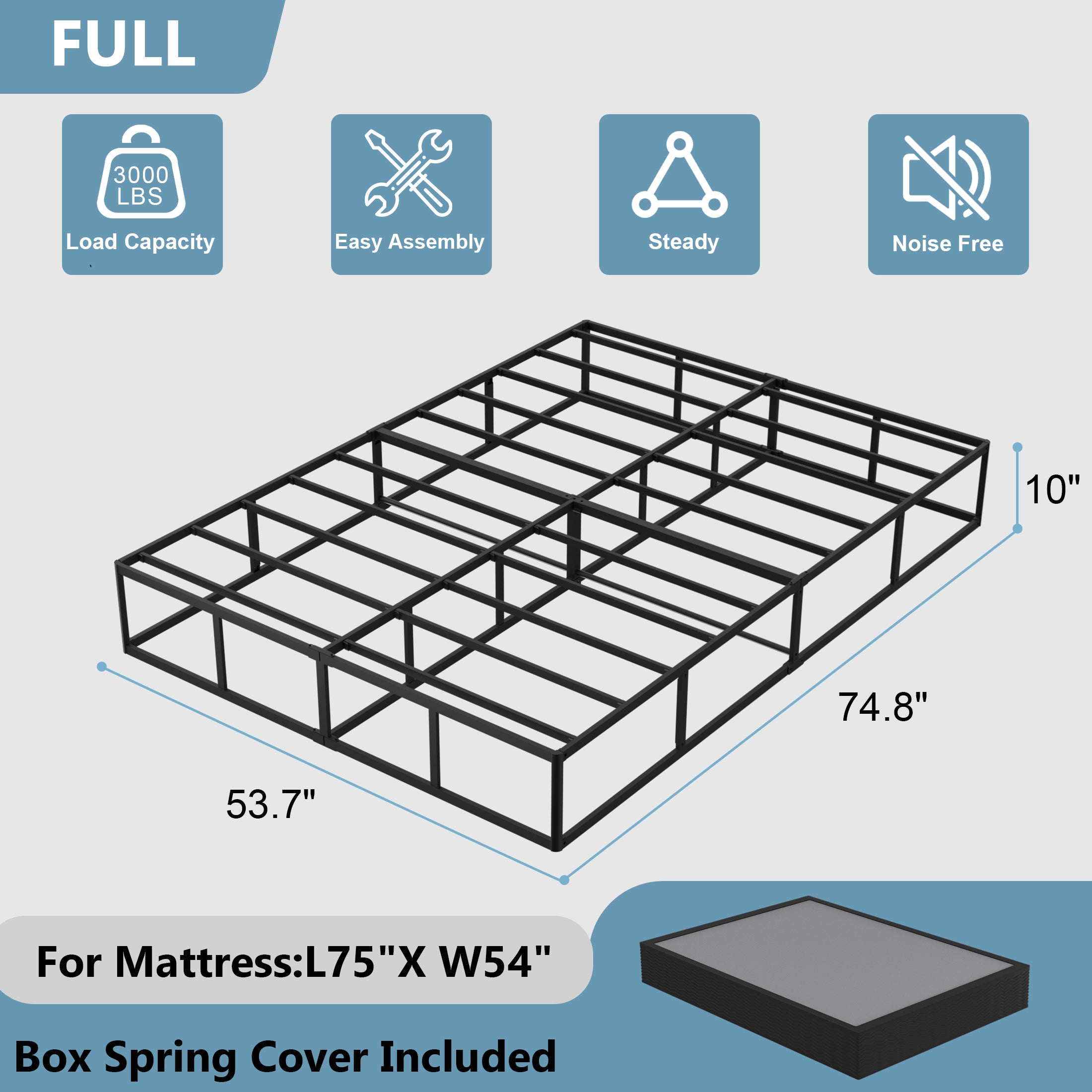 Awesofurni 10 inch Queen Box Spring, Heavy Duty Metal Mattress Foundation with Fabric Cover, Noise-Free, Easy Assembly