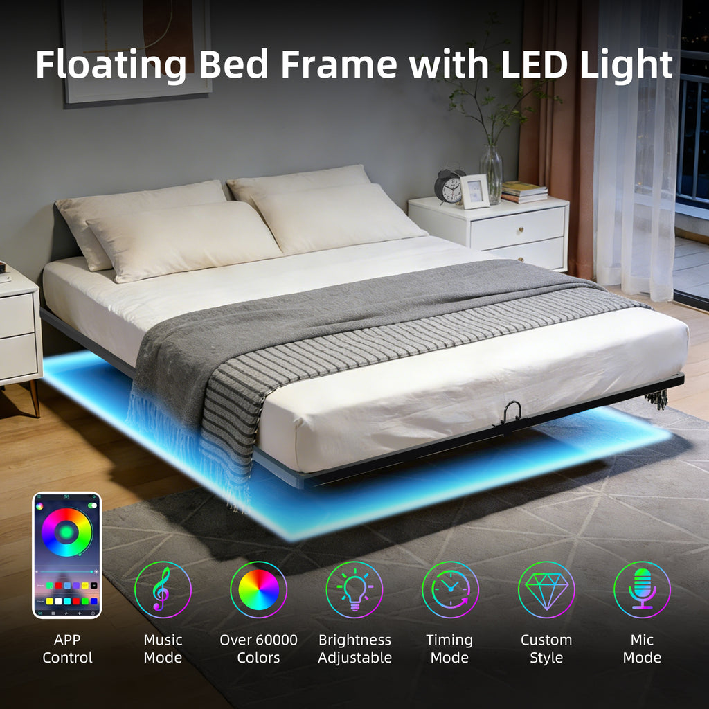 Floating Bed Frame Queen, with Smart LED Lights, Modern Heavy Duty Metal Platform Bed, Easy Assembly, No Box Spring Needed