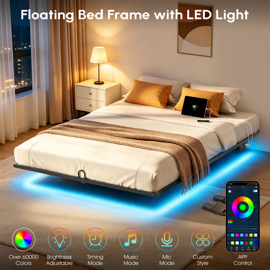 Floating Bed Frame Queen with Smart LED Lights and Charging Station, Modern Heavy Duty Metal Platform Bed, Easy Assembly, No Box Spring Needed