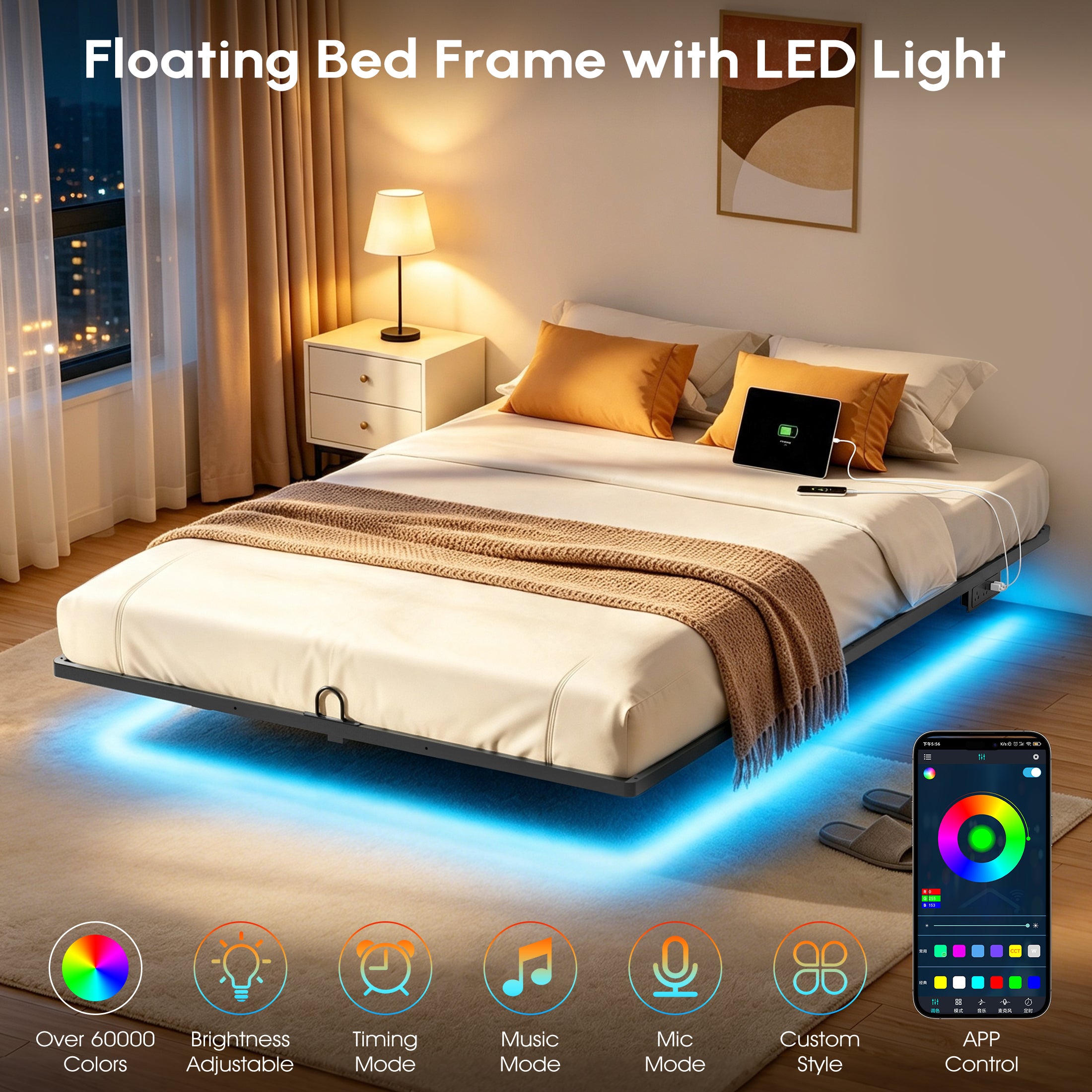 Floating Bed Frame Queen with Smart LED Lights and Charging Station, Modern Heavy Duty Metal Platform Bed, Easy Assembly, No Box Spring Needed
