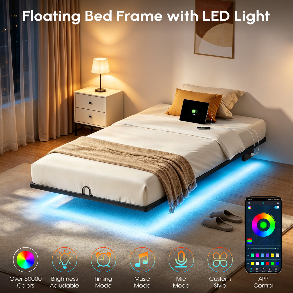 Floating Bed Frame Queen with Smart LED Lights and Charging Station, Modern Heavy Duty Metal Platform Bed, Easy Assembly, No Box Spring Needed