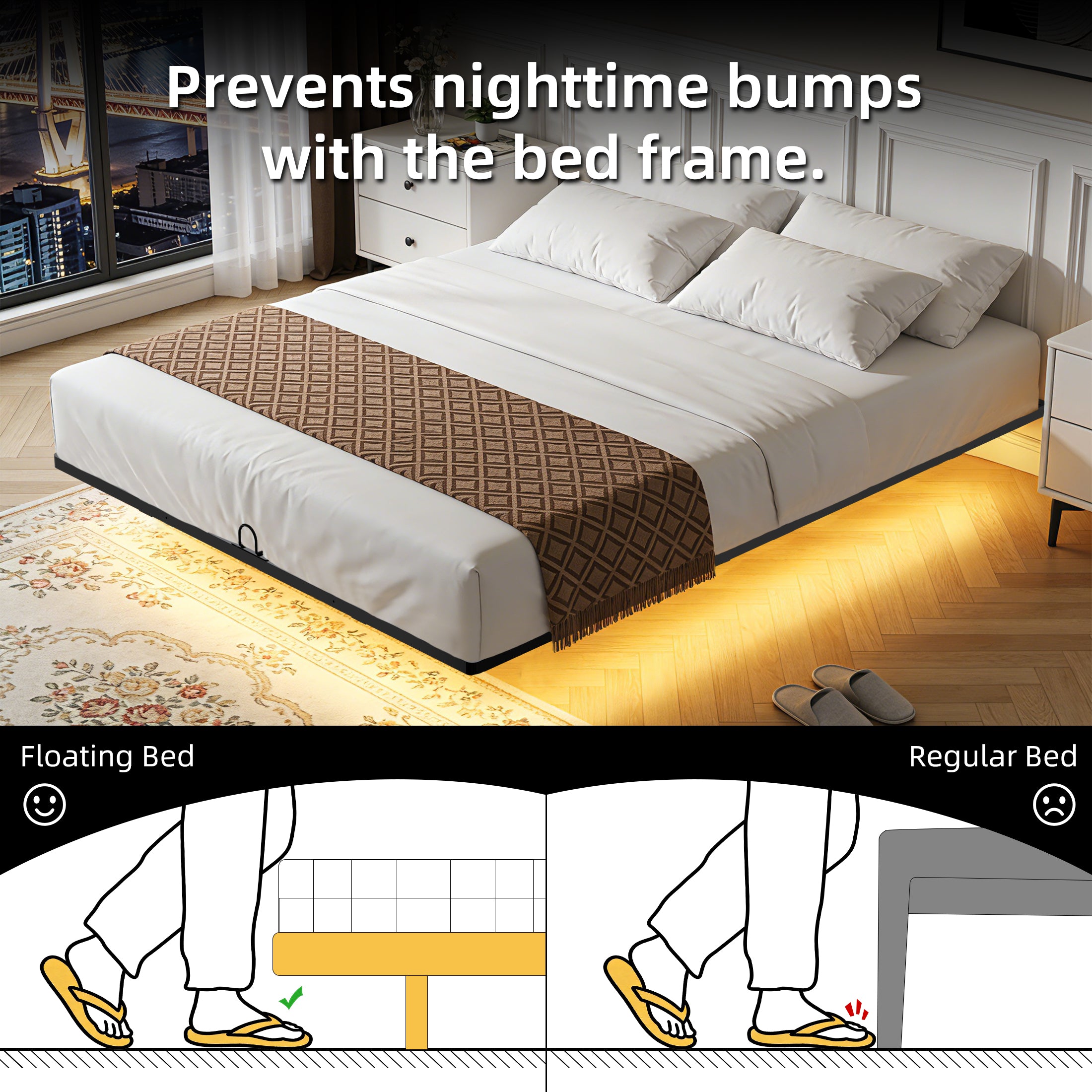 Floating Bed Frame Queen, with Smart LED Lights, Modern Heavy Duty Metal Platform Bed, Easy Assembly, No Box Spring Needed
