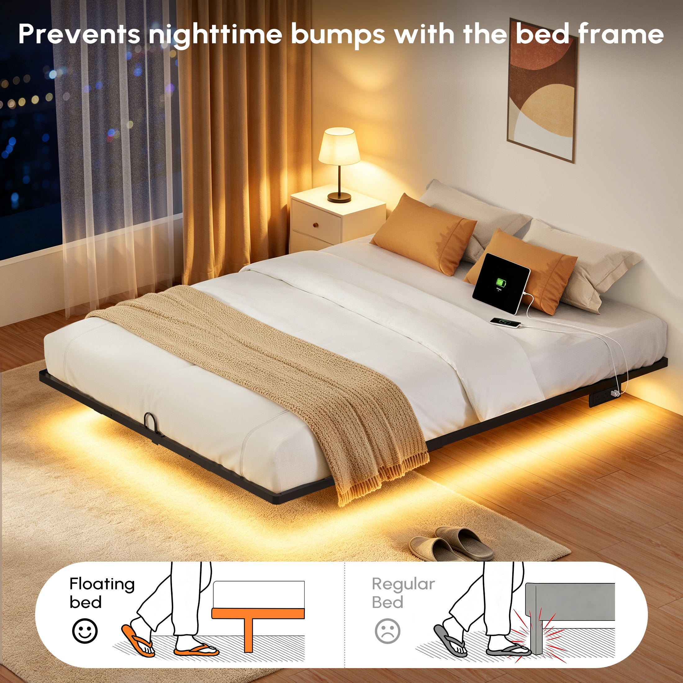 Floating Bed Frame Queen with Smart LED Lights and Charging Station, Modern Heavy Duty Metal Platform Bed, Easy Assembly, No Box Spring Needed