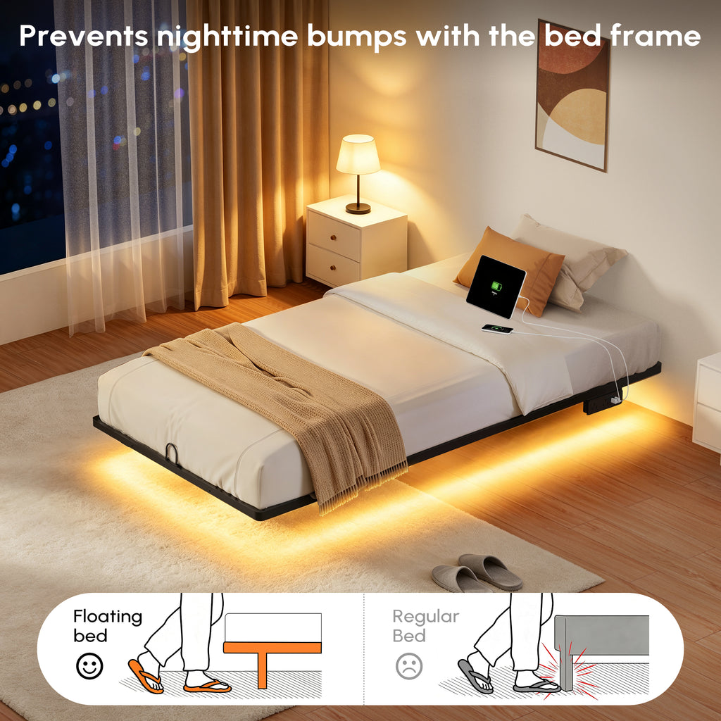 Floating Bed Frame Queen with Smart LED Lights and Charging Station, Modern Heavy Duty Metal Platform Bed, Easy Assembly, No Box Spring Needed