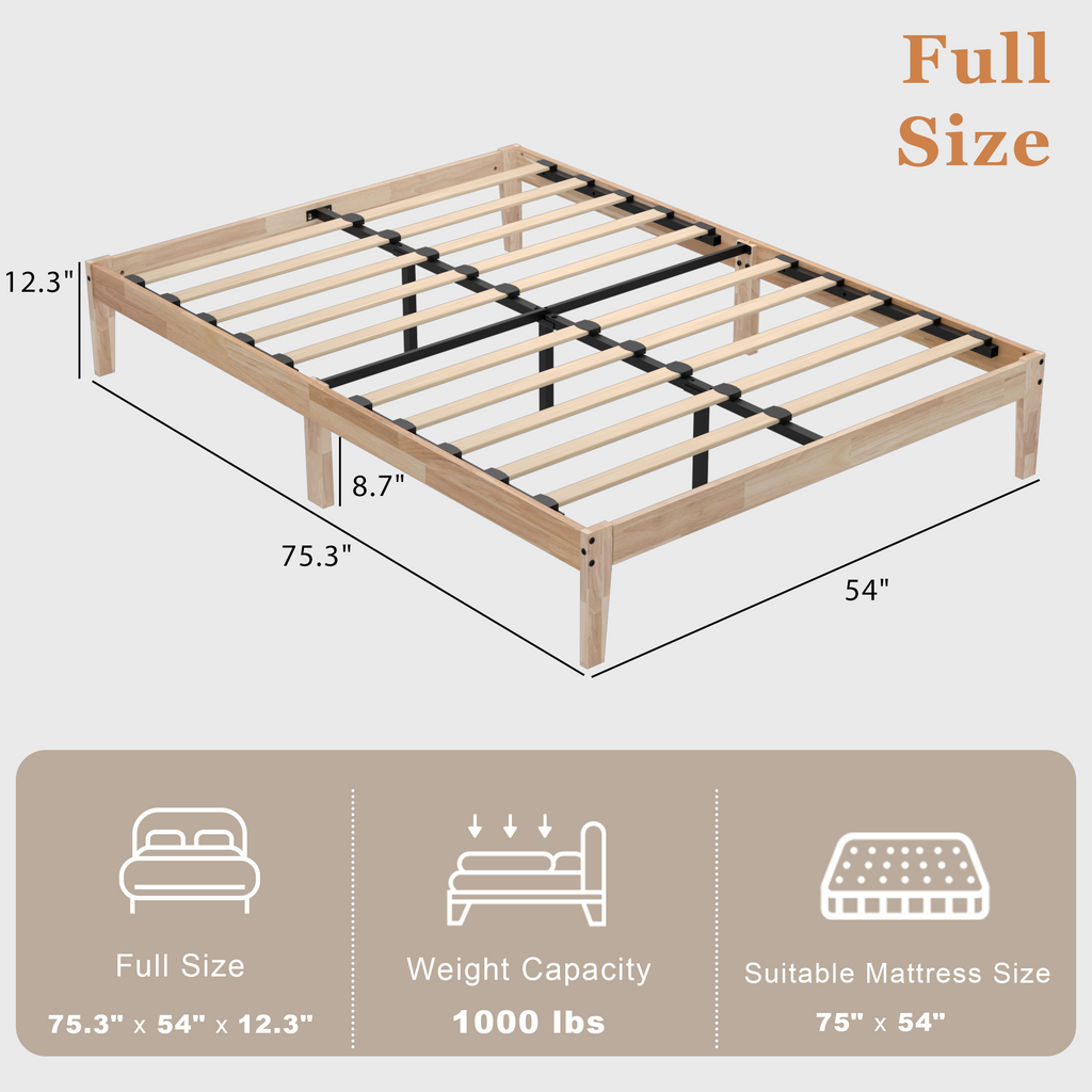 Bed Frame, 12 Inch Wood Platform Bed with Wooden Slats, 8.7" Under-Bed Storage, No Box Spring Needed, Noise-Free, Easy Assembly