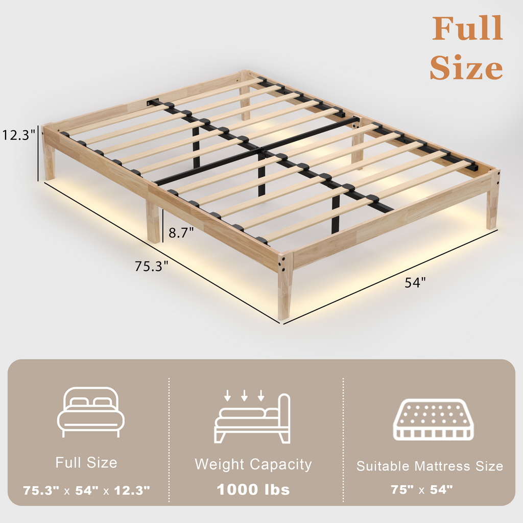 Bed Frame with RGB Mood Lights, 8.7" Under-Bed Storage, No Box Spring Needed, Noise-Free, Easy Assembly, 12 Inch