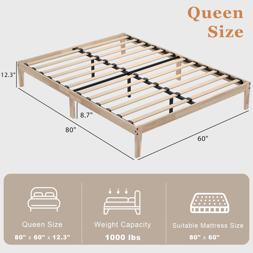 Bed Frame, 12 Inch Wood Platform Bed with Wooden Slats, 8.7" Under-Bed Storage, No Box Spring Needed, Noise-Free, Easy Assembly