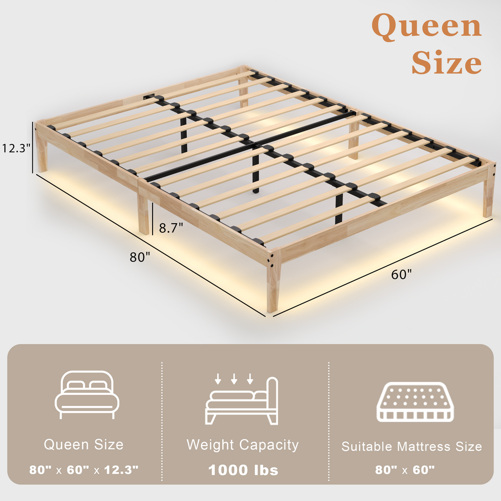 Bed Frame with RGB Mood Lights, 8.7" Under-Bed Storage, No Box Spring Needed, Noise-Free, Easy Assembly, 12 Inch