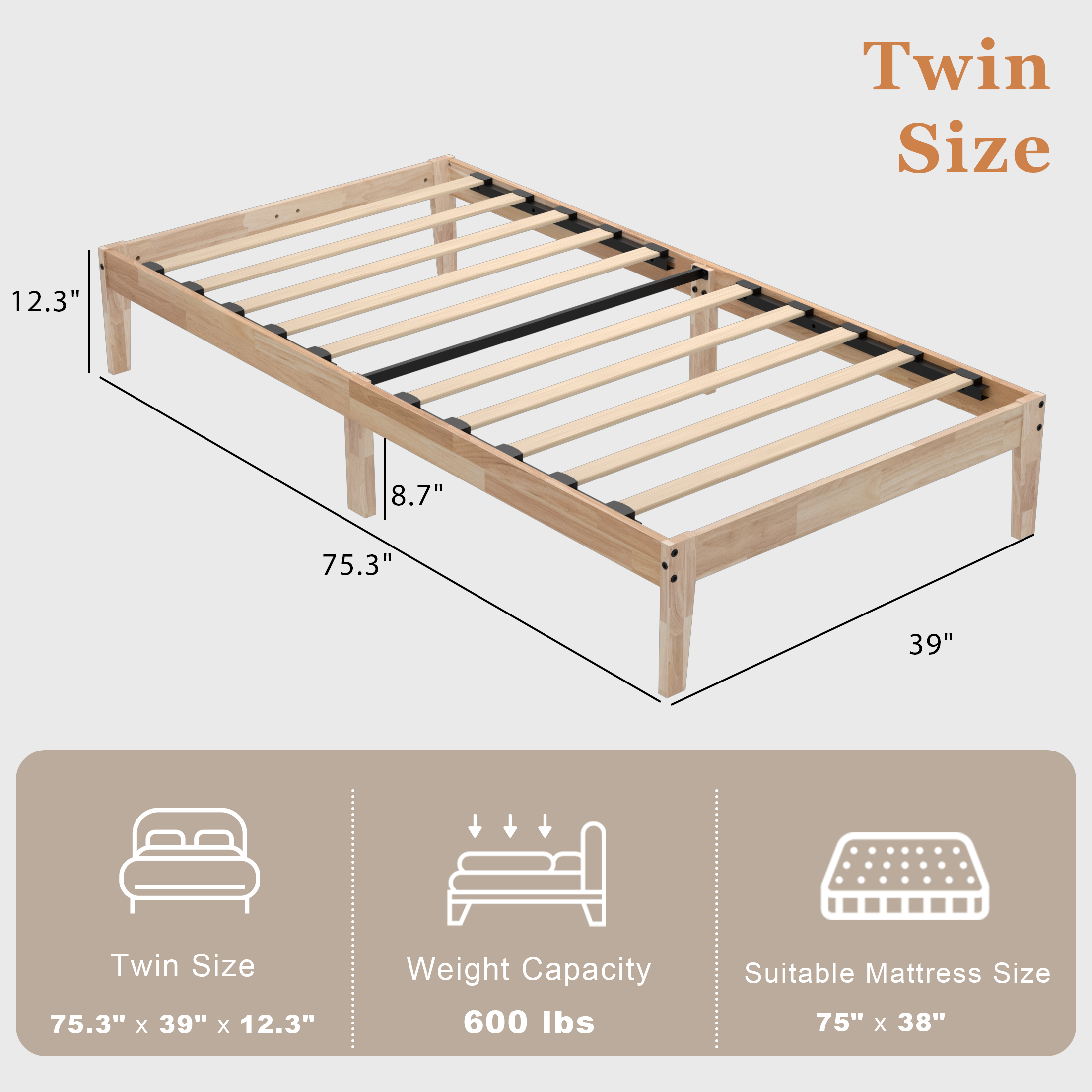 Bed Frame, 12 Inch Wood Platform Bed with Wooden Slats, 8.7" Under-Bed Storage, No Box Spring Needed, Noise-Free, Easy Assembly