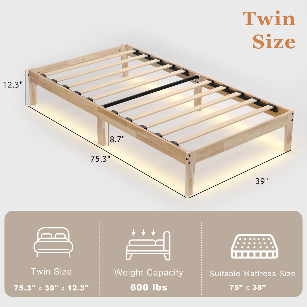 Bed Frame with RGB Mood Lights, 8.7" Under-Bed Storage, No Box Spring Needed, Noise-Free, Easy Assembly, 12 Inch