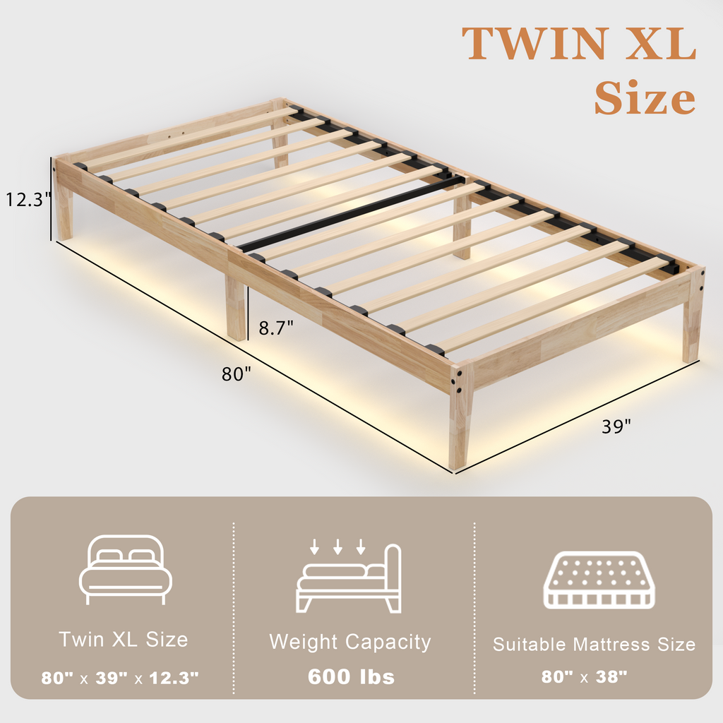 Bed Frame with RGB Mood Lights, 8.7" Under-Bed Storage, No Box Spring Needed, Noise-Free, Easy Assembly, 12 Inch