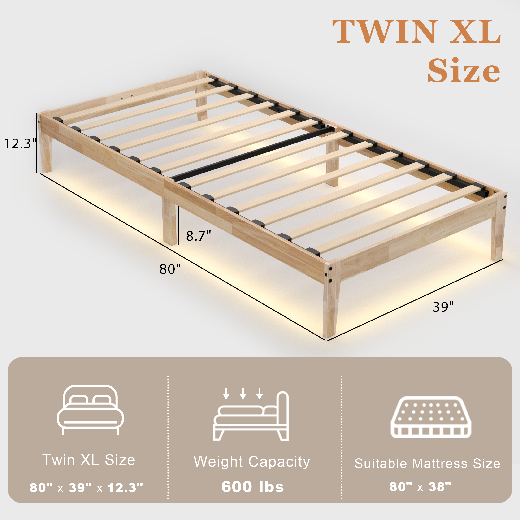 Bed Frame with RGB Mood Lights, 8.7" Under-Bed Storage, No Box Spring Needed, Noise-Free, Easy Assembly, 12 Inch