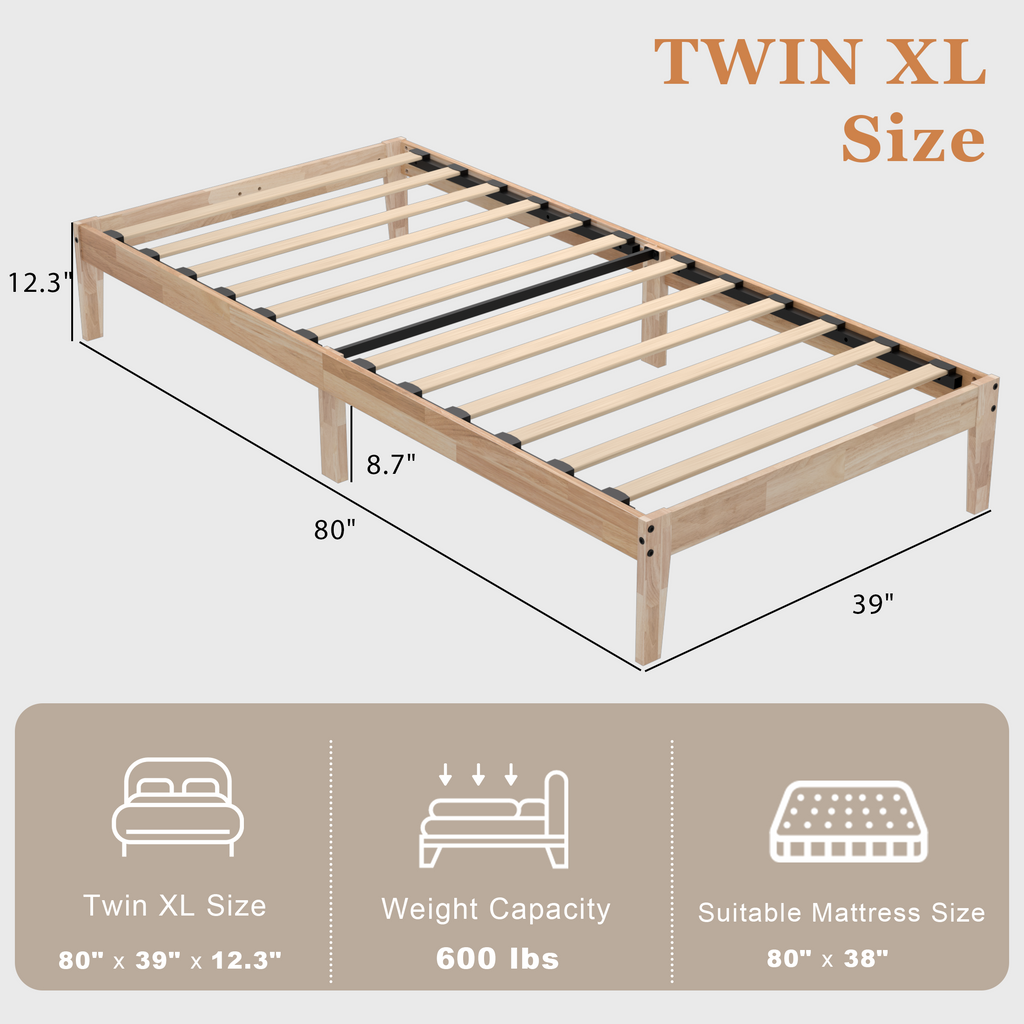 Bed Frame, 12 Inch Wood Platform Bed with Wooden Slats, 8.7" Under-Bed Storage, No Box Spring Needed, Noise-Free, Easy Assembly