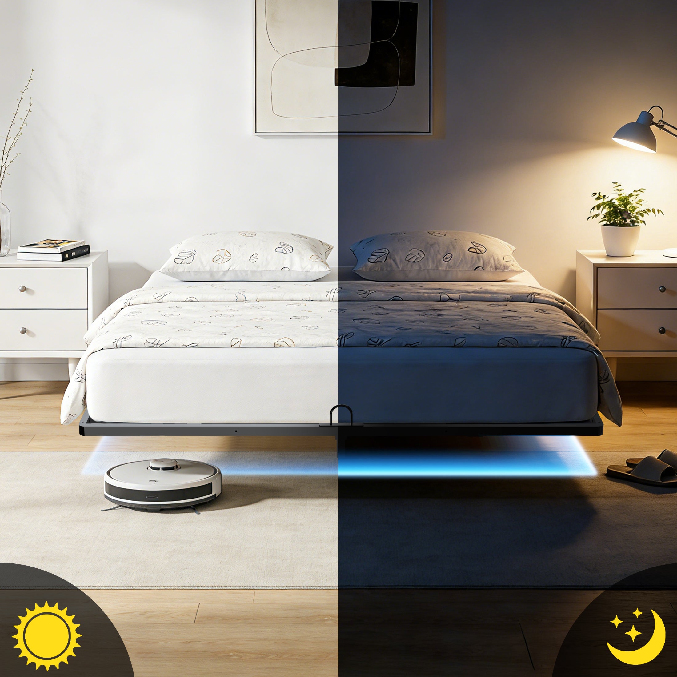 Floating Bed Frame Queen, with Smart LED Lights, Modern Heavy Duty Metal Platform Bed, Easy Assembly, No Box Spring Needed