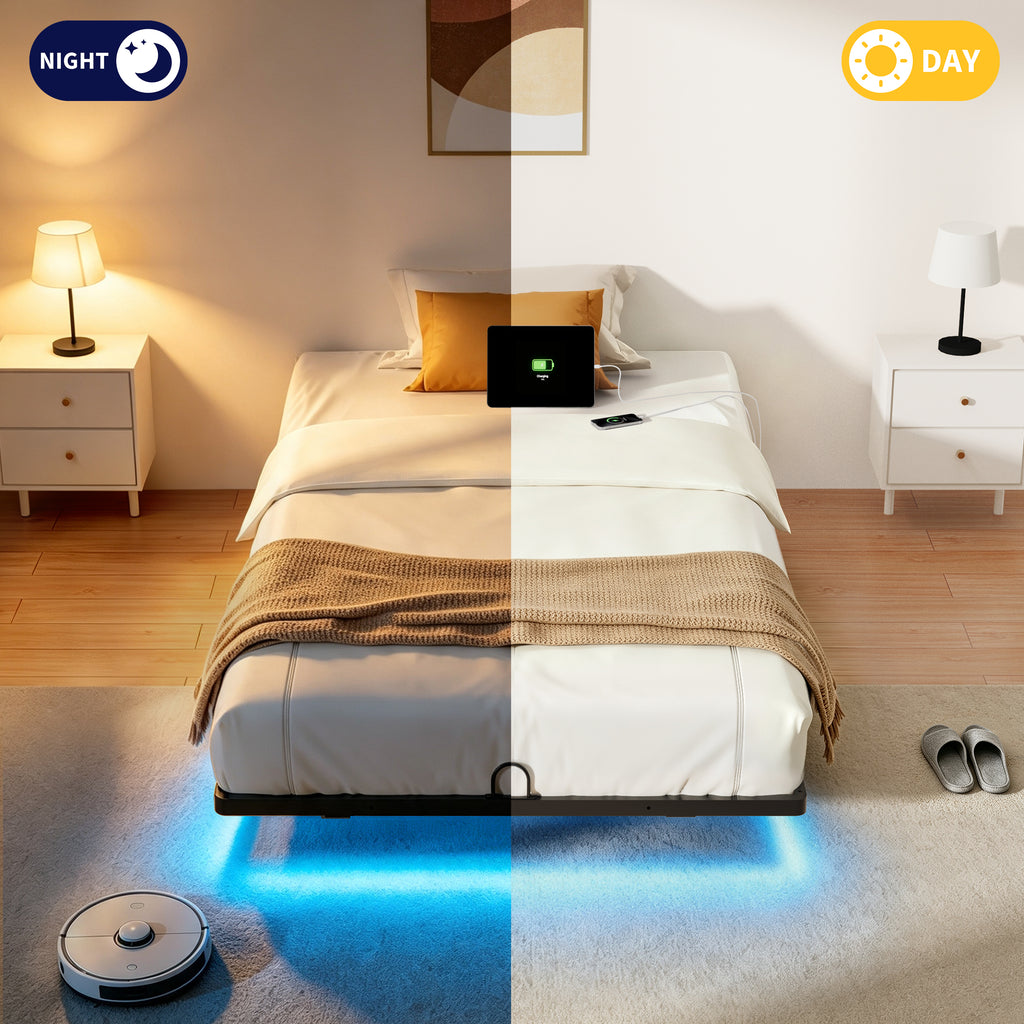 Floating Bed Frame Queen with Smart LED Lights and Charging Station, Modern Heavy Duty Metal Platform Bed, Easy Assembly, No Box Spring Needed