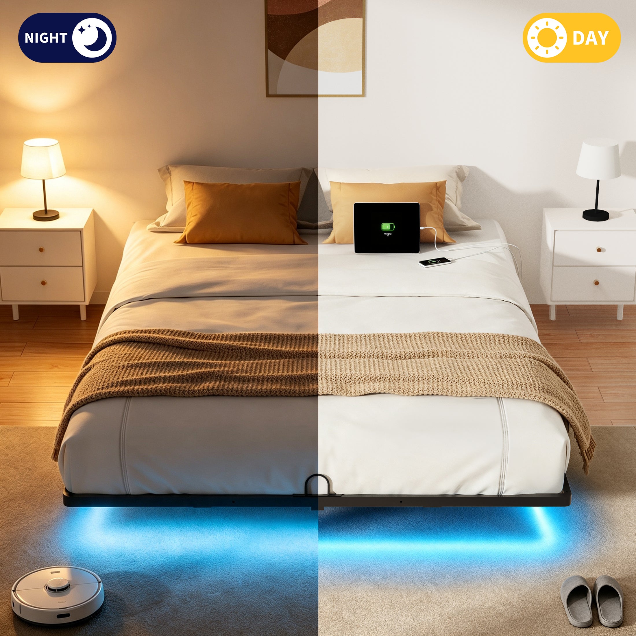 Floating Bed Frame Queen with Smart LED Lights and Charging Station, Modern Heavy Duty Metal Platform Bed, Easy Assembly, No Box Spring Needed