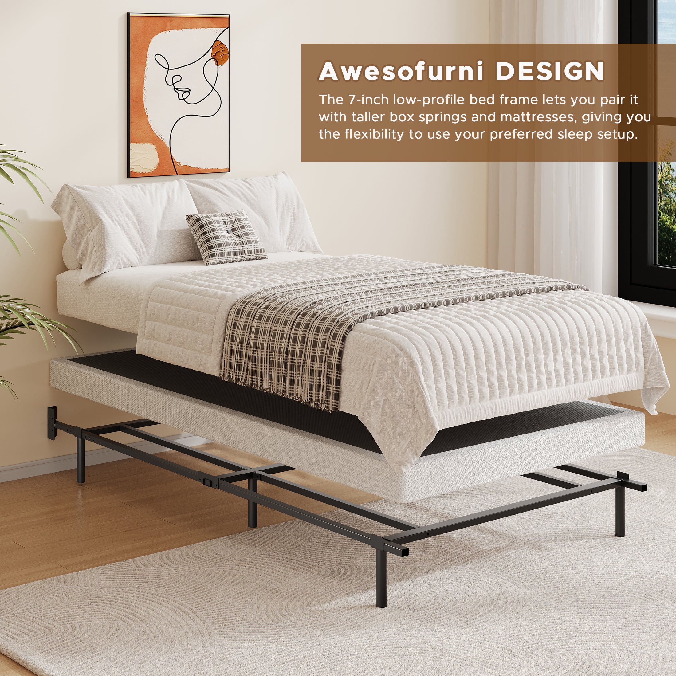 Awesofurni 7 inch Queen Bed Frame, Adjustable Length Metal Platform Bed, Easy Assembly, Noise-Free