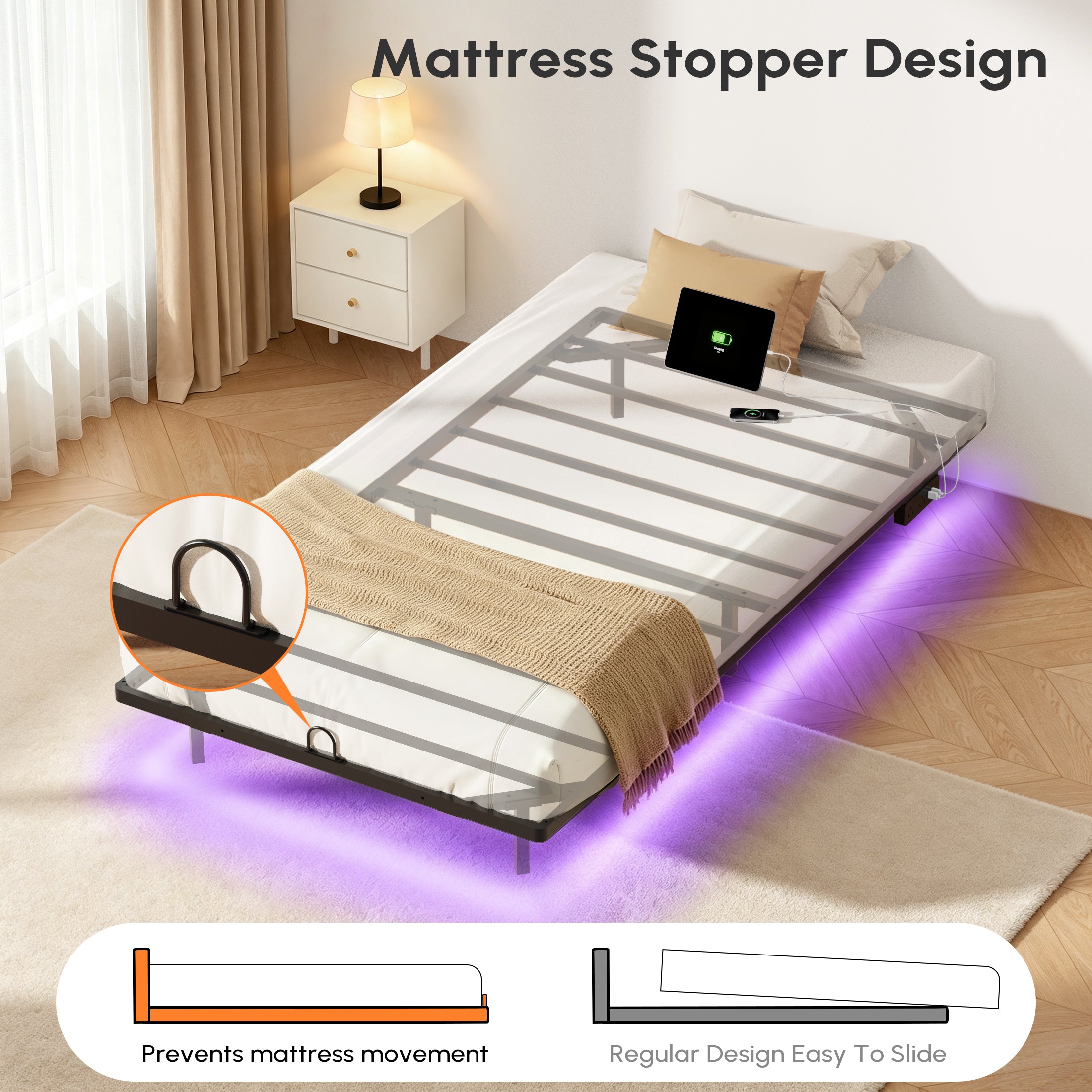 Floating Bed Frame Queen with Smart LED Lights and Charging Station, Modern Heavy Duty Metal Platform Bed, Easy Assembly, No Box Spring Needed