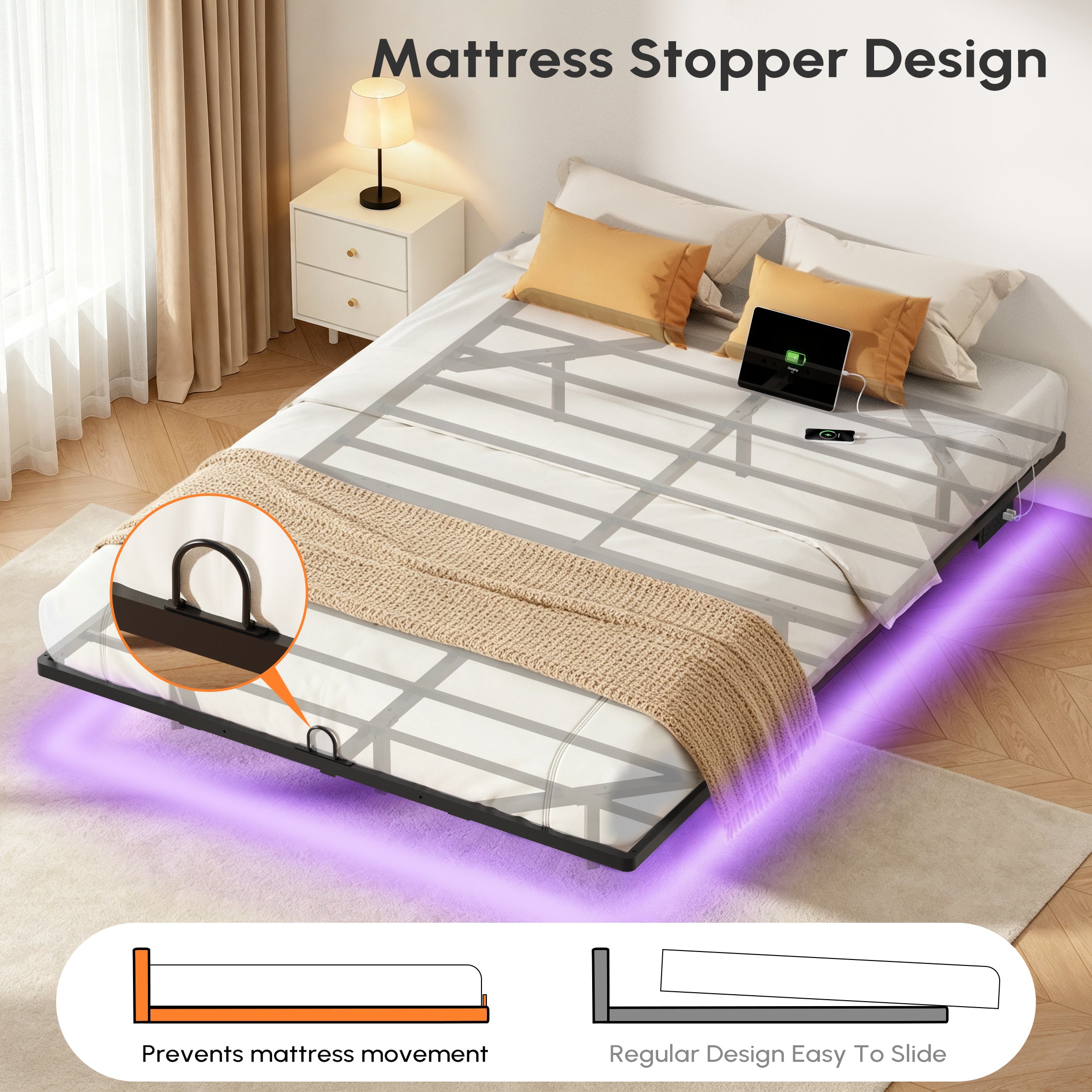 Floating Bed Frame Queen with Smart LED Lights and Charging Station, Modern Heavy Duty Metal Platform Bed, Easy Assembly, No Box Spring Needed