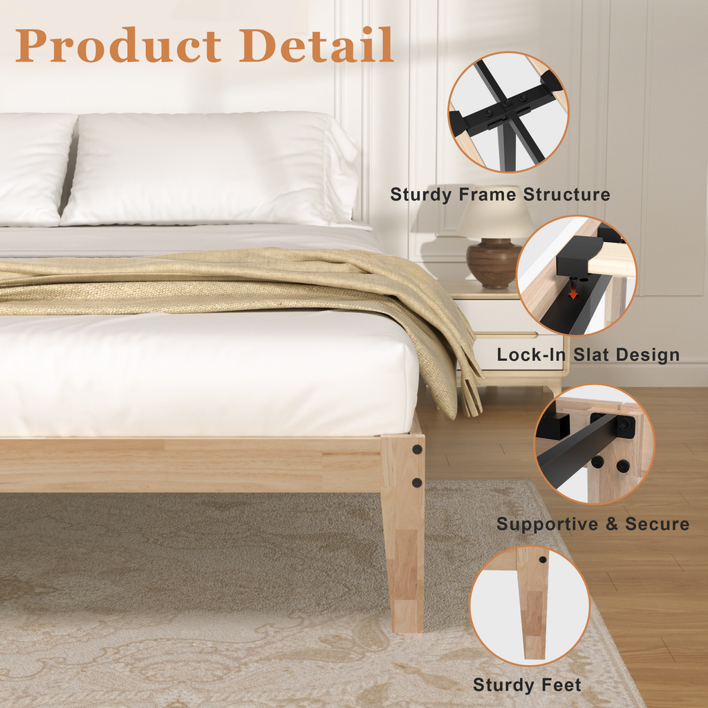 Bed Frame, 12 Inch Wood Platform Bed with Wooden Slats, 8.7" Under-Bed Storage, No Box Spring Needed, Noise-Free, Easy Assembly