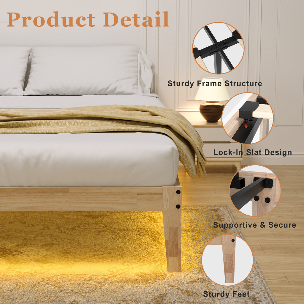 Bed Frame with RGB Mood Lights, 8.7" Under-Bed Storage, No Box Spring Needed, Noise-Free, Easy Assembly, 12 Inch