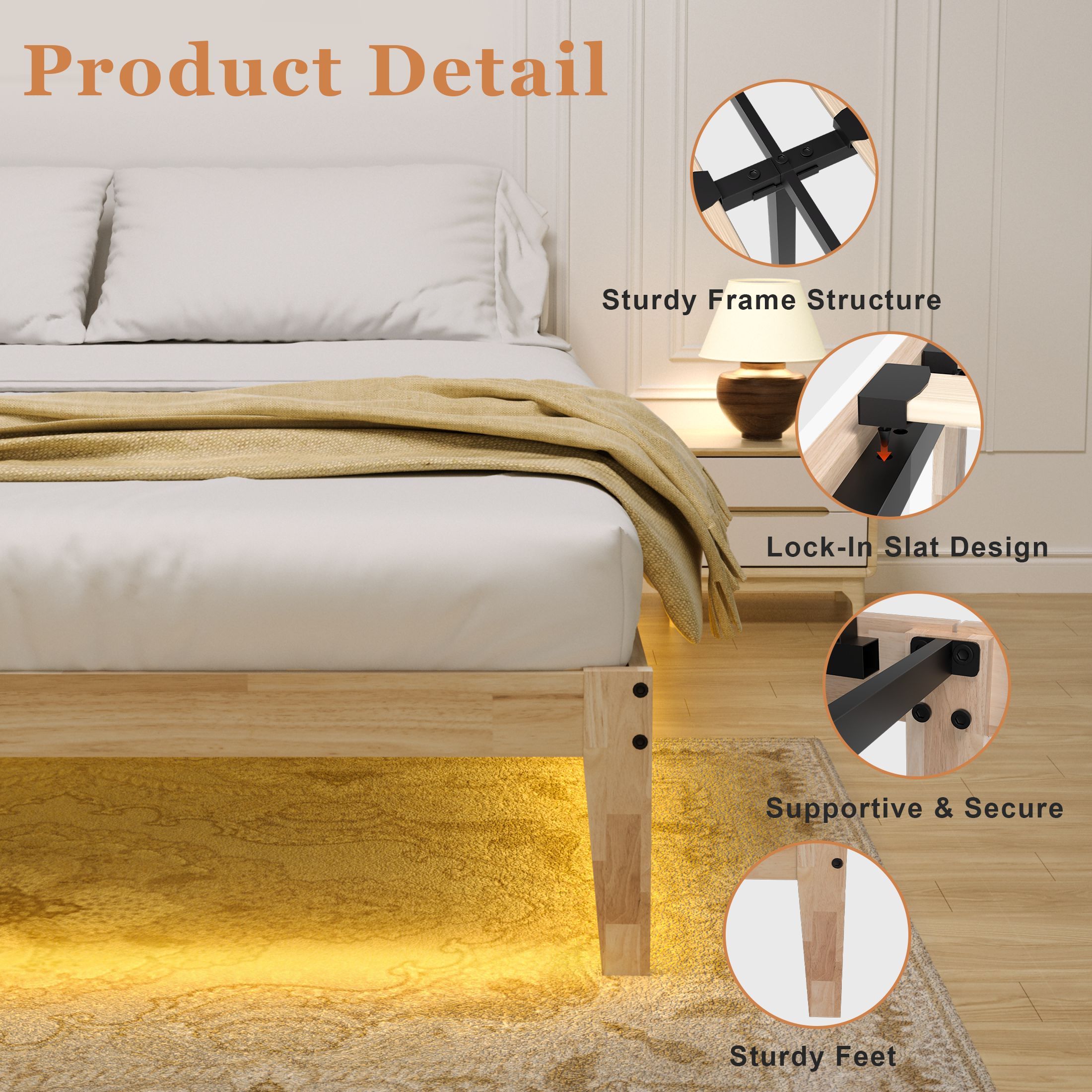 Bed Frame with RGB Mood Lights, 8.7" Under-Bed Storage, No Box Spring Needed, Noise-Free, Easy Assembly, 12 Inch
