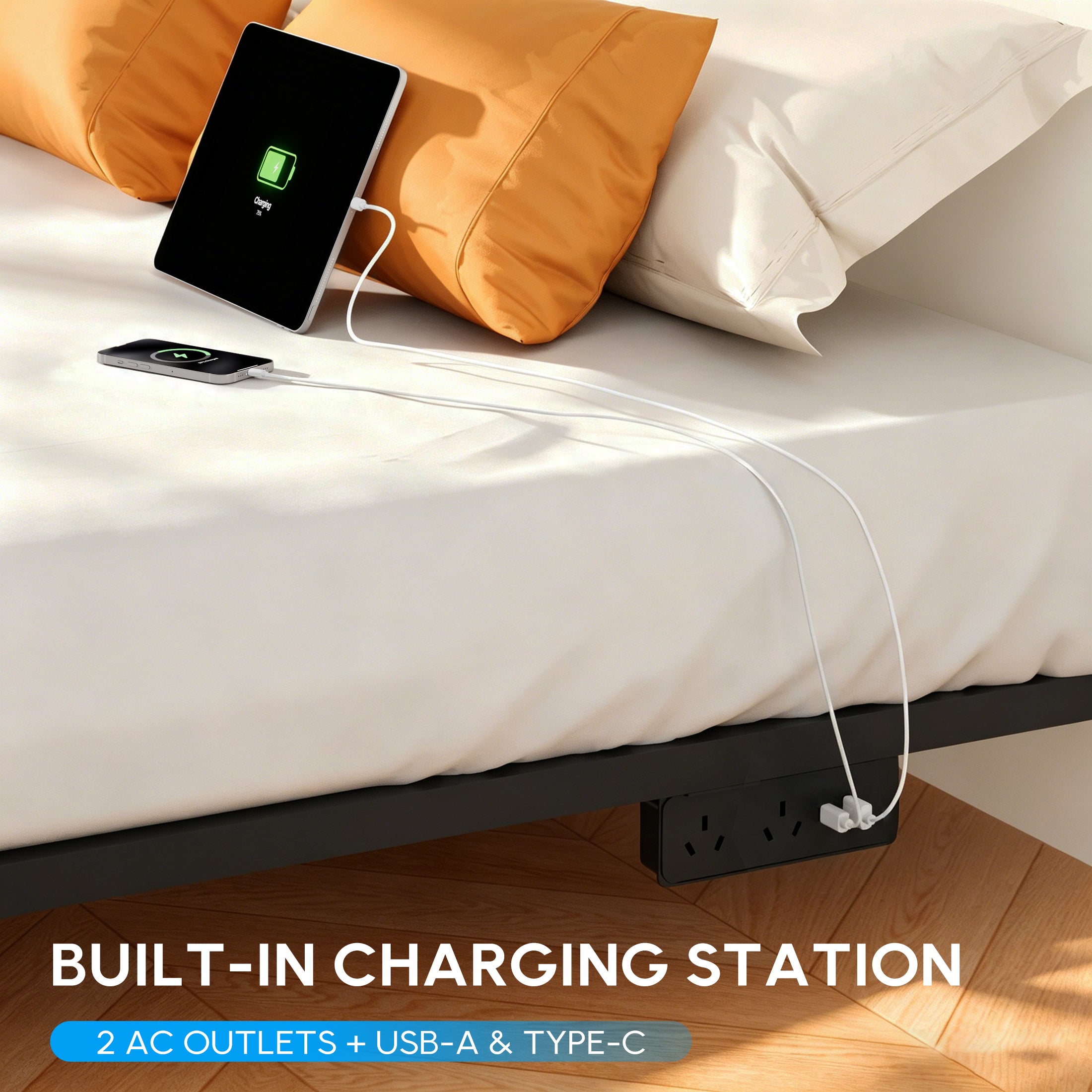 Floating Bed Frame Queen with Smart LED Lights and Charging Station, Modern Heavy Duty Metal Platform Bed, Easy Assembly, No Box Spring Needed