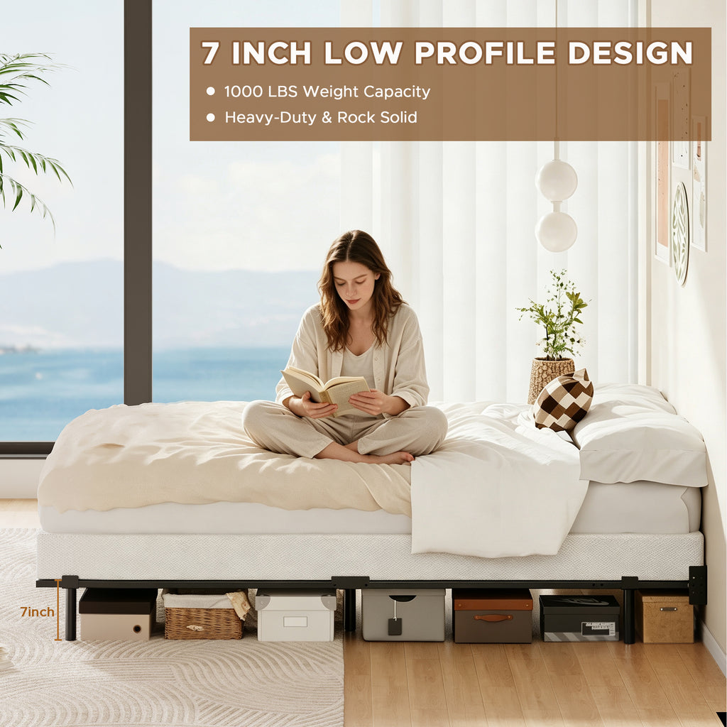 Awesofurni 7 inch Queen Bed Frame, Adjustable Length Metal Platform Bed, Easy Assembly, Noise-Free
