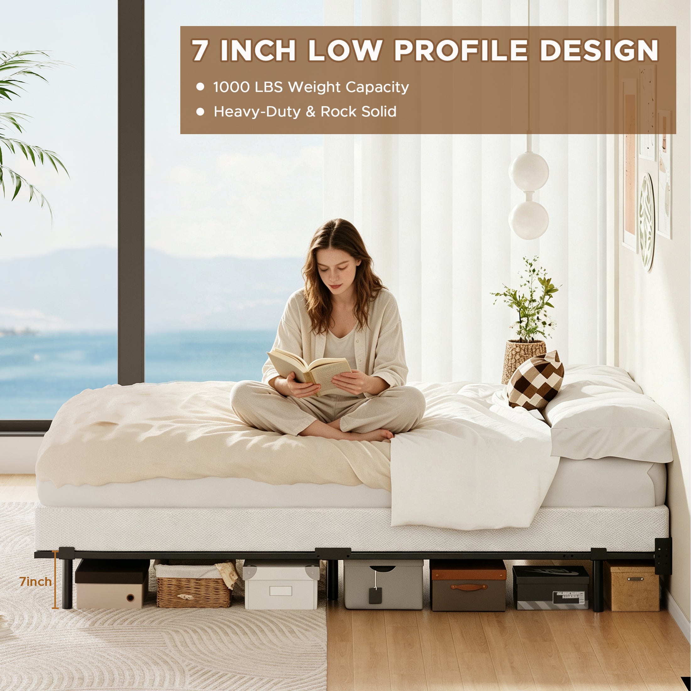 Awesofurni 7 inch Queen Bed Frame, Adjustable Length Metal Platform Bed, Easy Assembly, Noise-Free