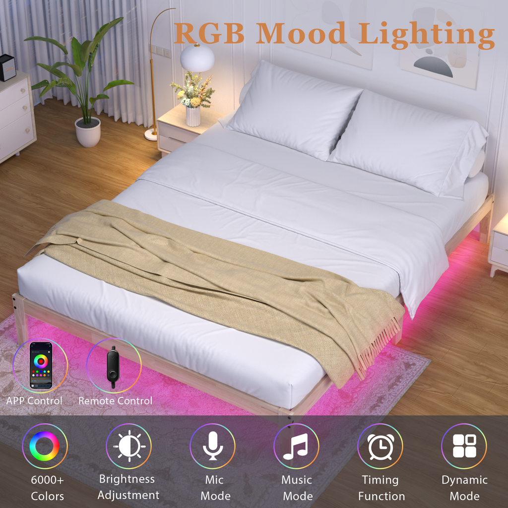 Bed Frame with RGB Mood Lights, 8.7" Under-Bed Storage, No Box Spring Needed, Noise-Free, Easy Assembly, 12 Inch