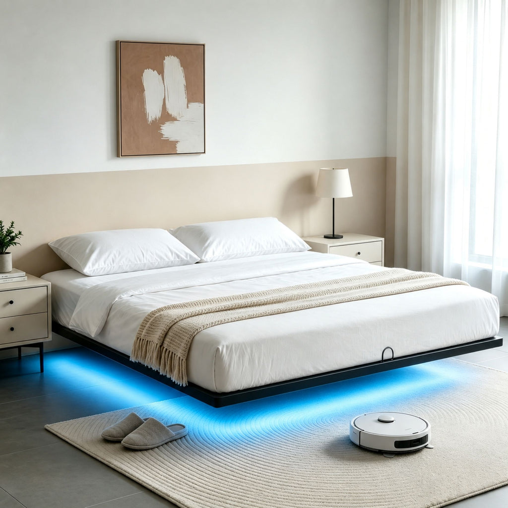 Floating Bed Frame Queen, with Smart LED Lights, Modern Heavy Duty Metal Platform Bed, Easy Assembly, No Box Spring Needed