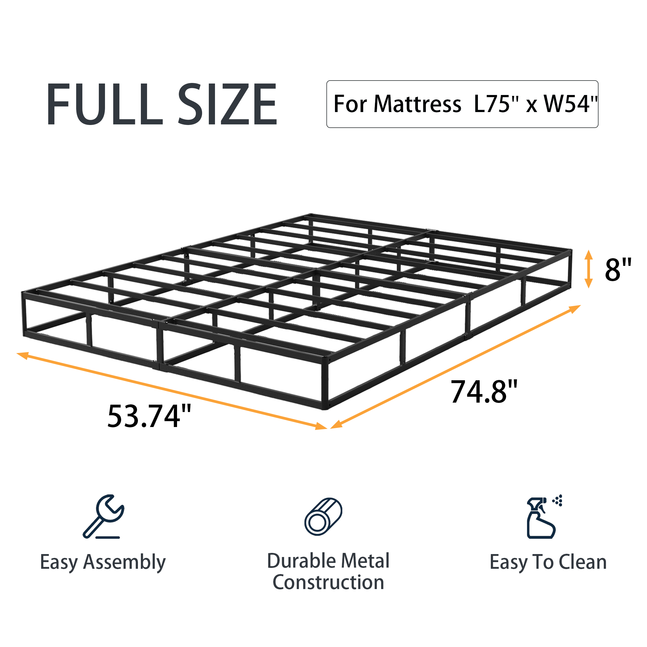 8-Inch Box Spring, Heavy Duty Metal Mattress Foundation with Fabric Cover, Easy Assembly, Noise-Free