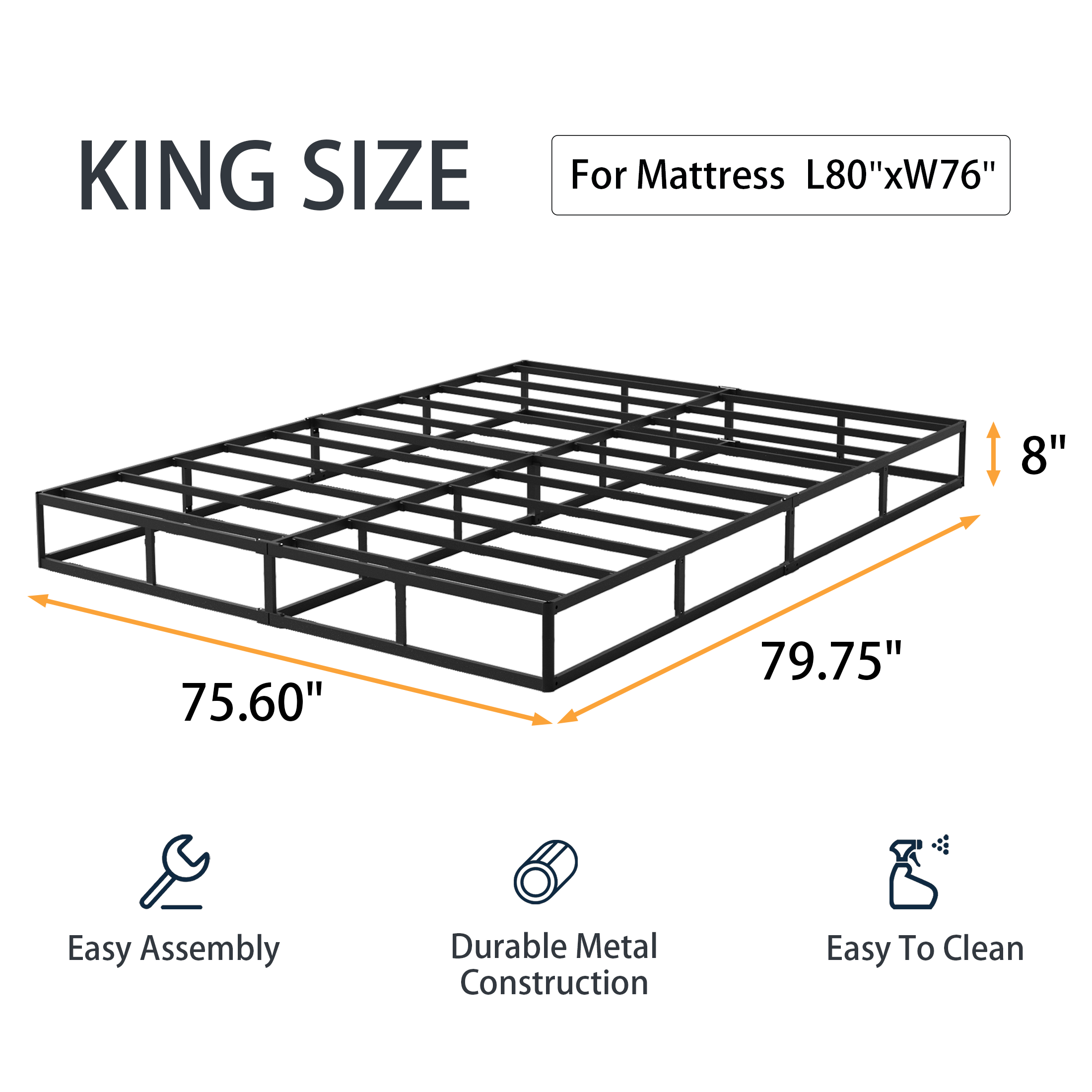 8-Inch Box Spring, Heavy Duty Metal Mattress Foundation with Fabric Cover, Easy Assembly, Noise-Free