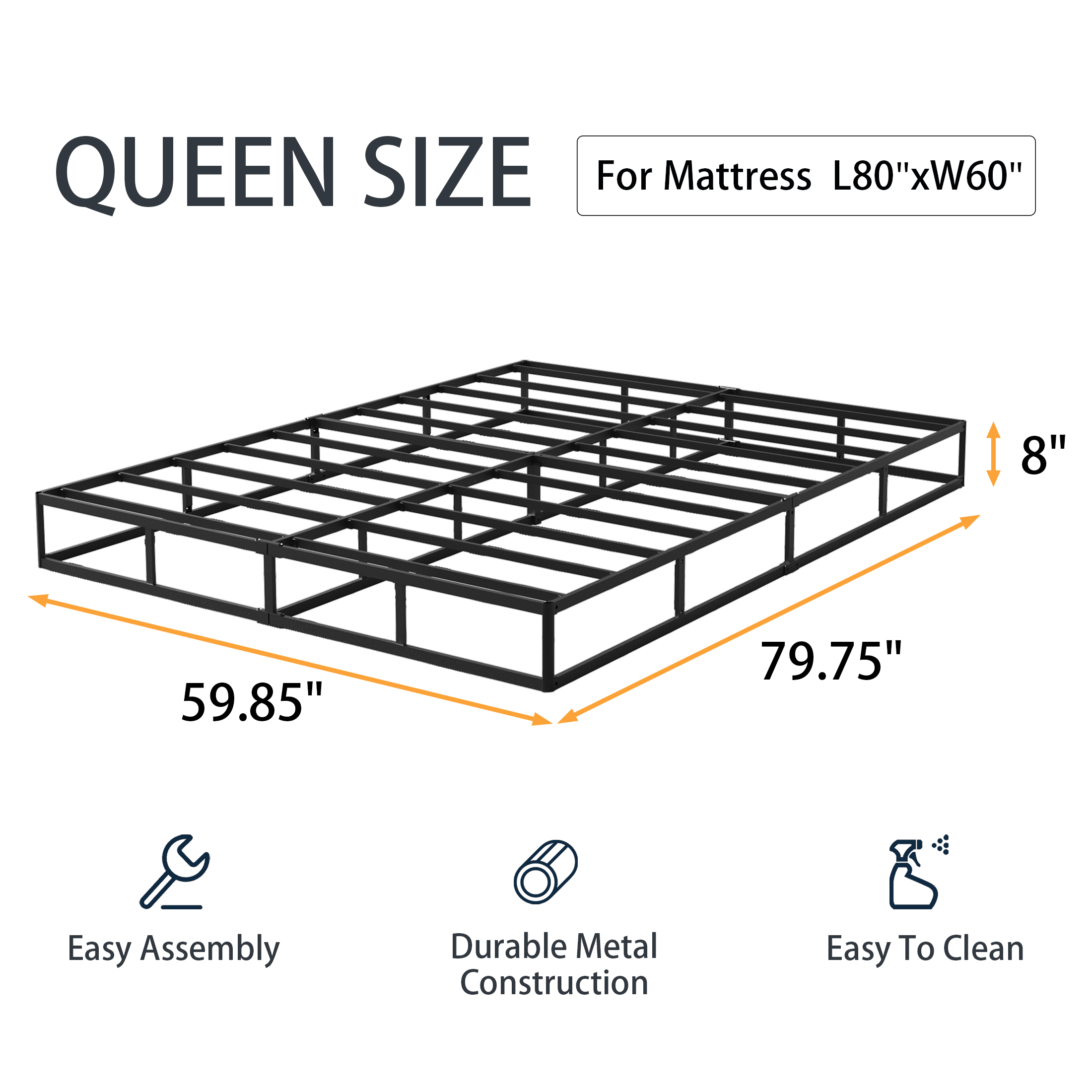 8-Inch Box Spring, Heavy Duty Metal Mattress Foundation with Fabric Cover, Easy Assembly, Noise-Free